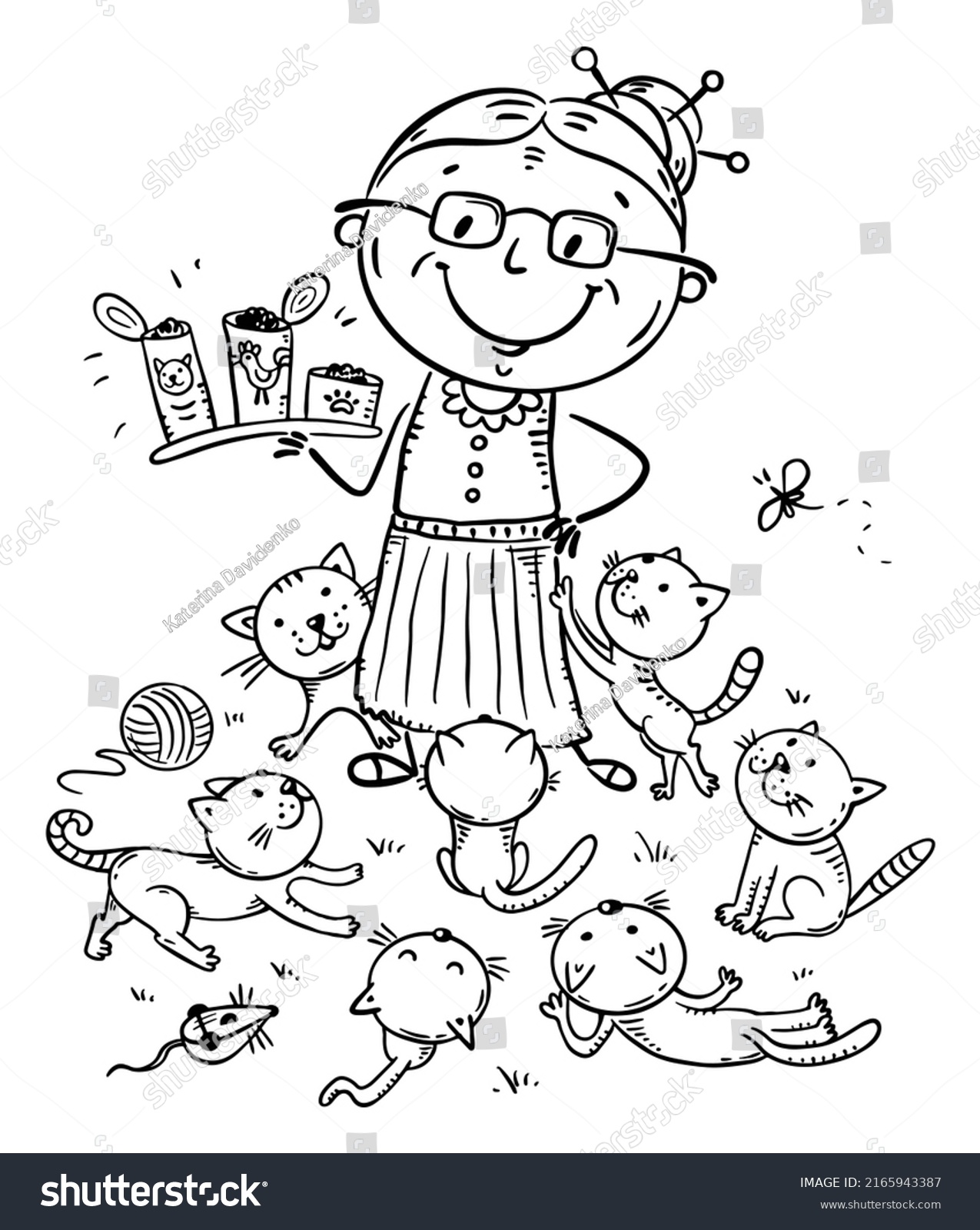 Granny Feeding Cats Cat Lady Outline Stock Vector (Royalty Free ...