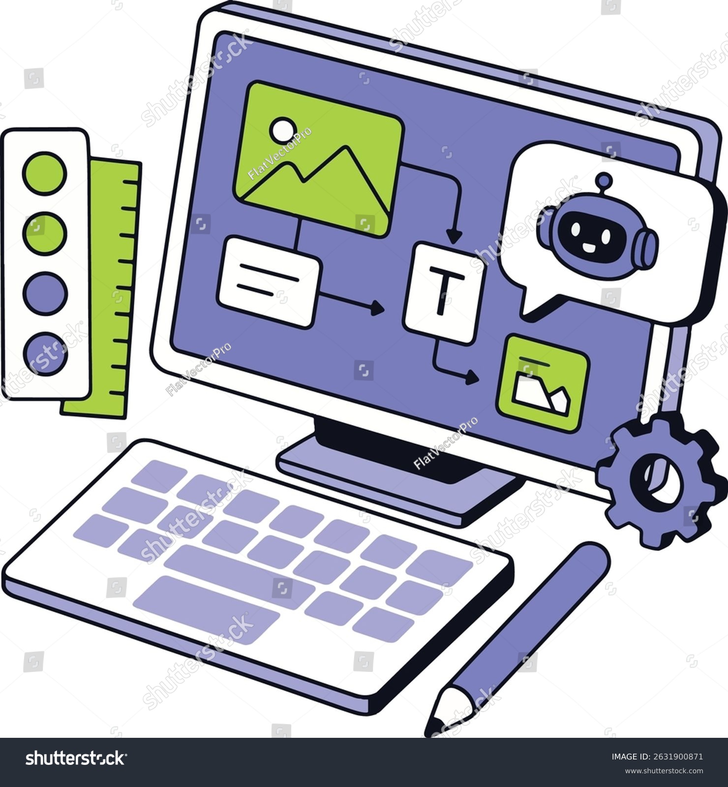 computer setup with chatbot, gear, and pencil clip art preview