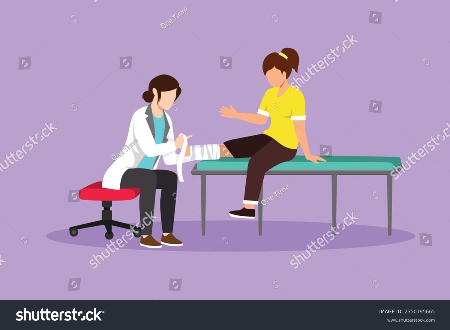 SVG of Graphic flat design drawing medical doctor bandage broken leg to little girl patient sitting on couch at clinic or traumatology department. Limb fracture health care. Cartoon style vector illustration svg