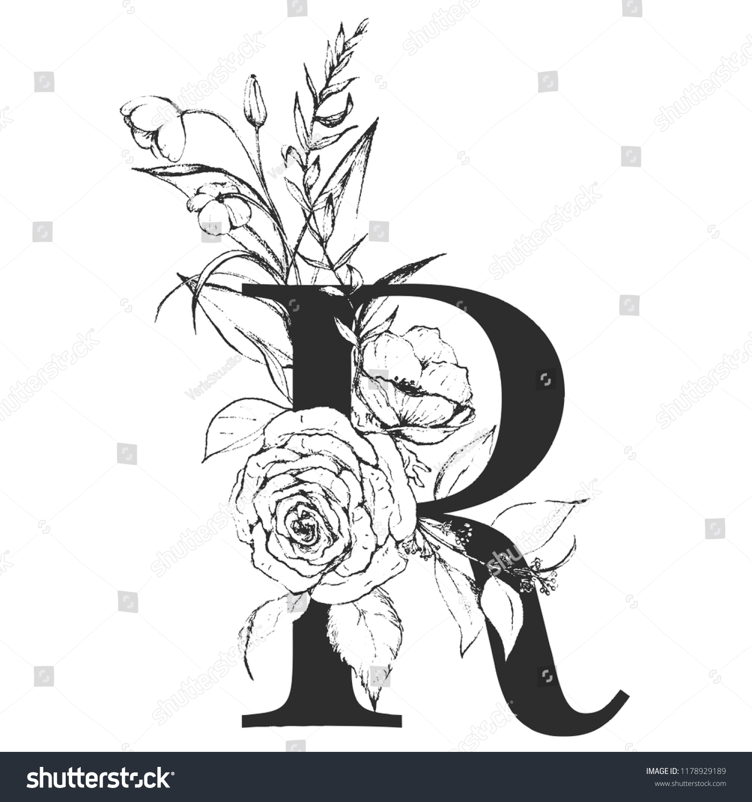 Graphic Floral Alphabet Letter R Black Stock Vector Royalty Free