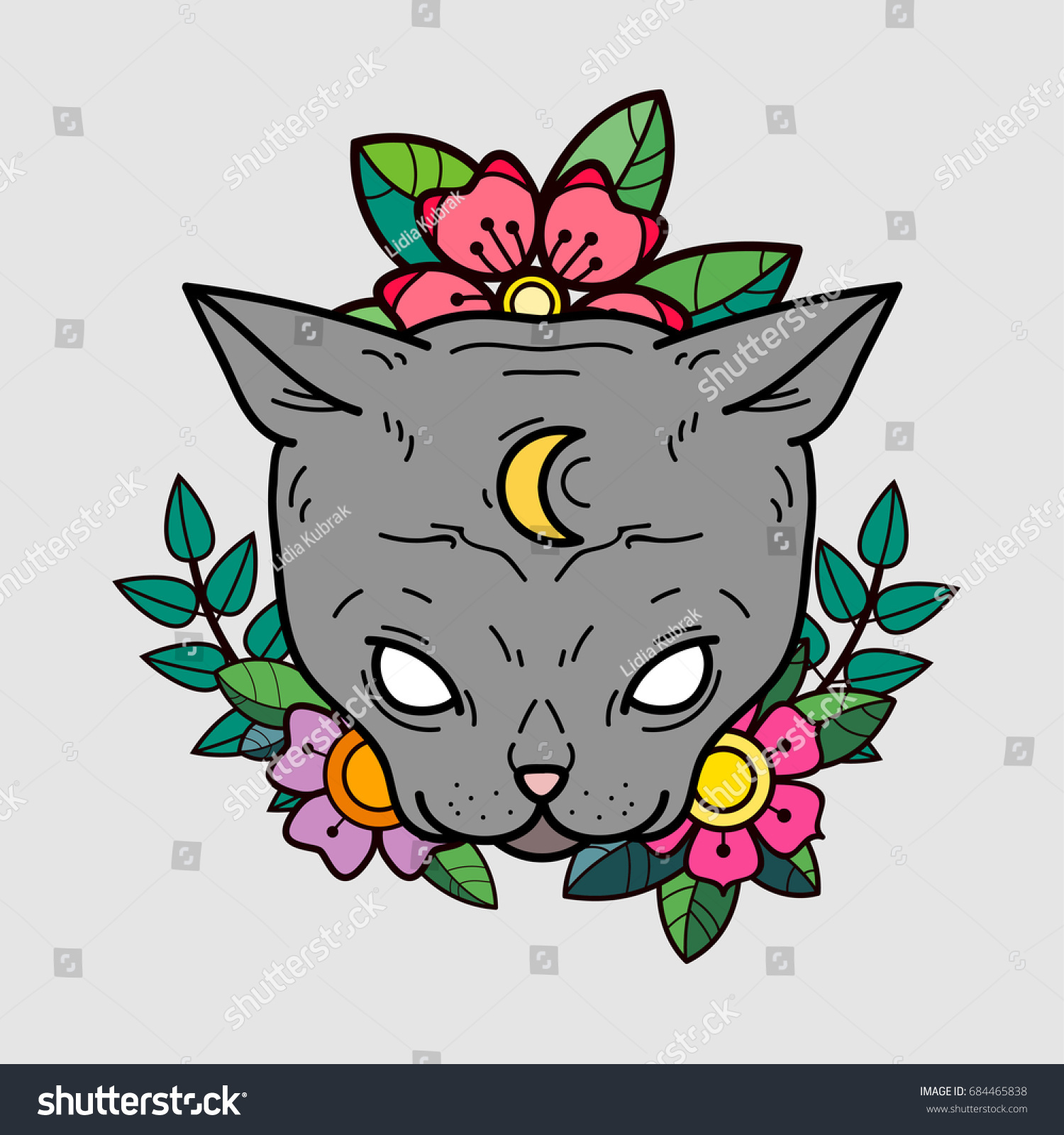 Gray Cat Flowers Old School Tattoo Stock Vector Royalty Free