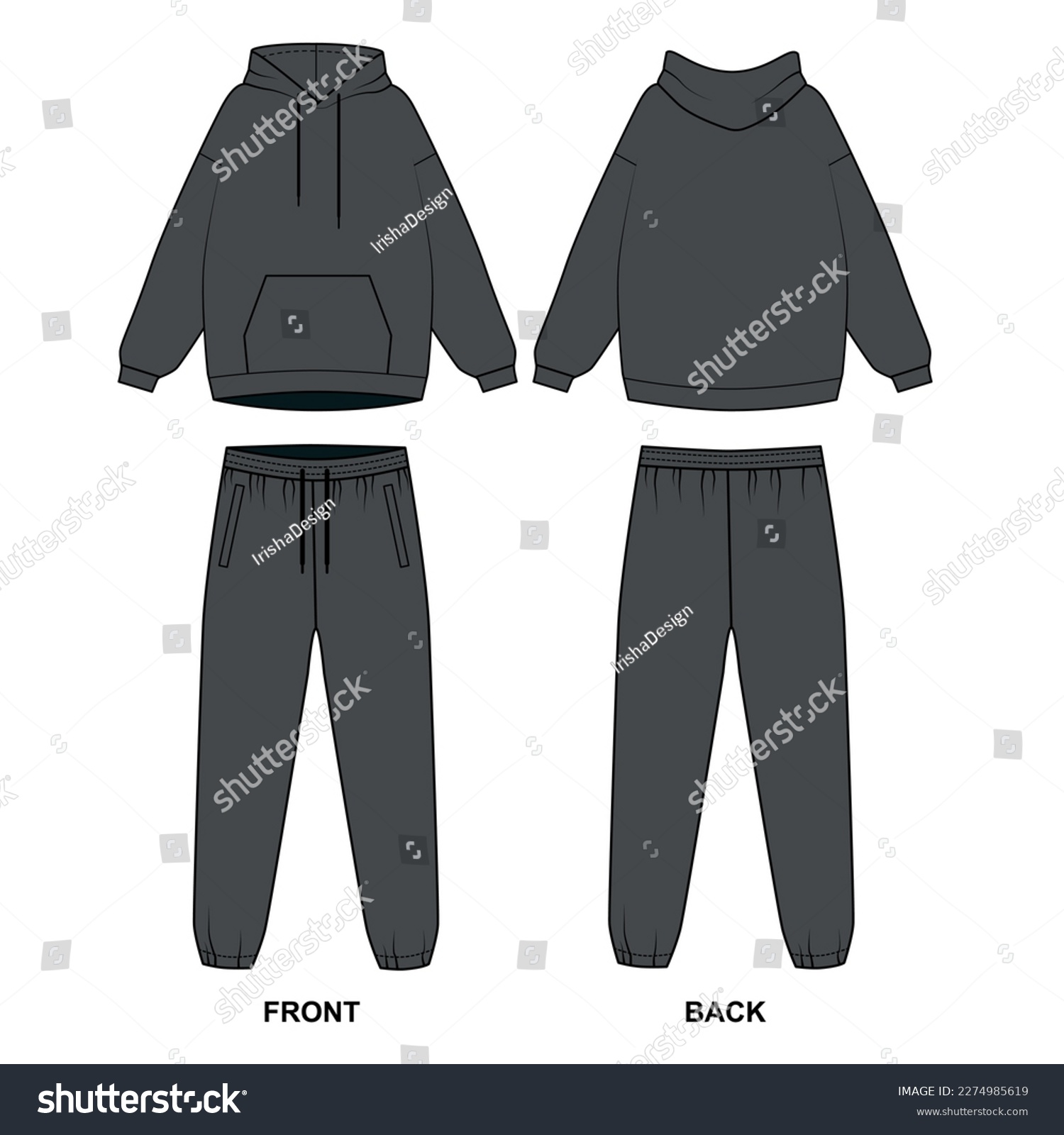 SVG of Gray tracksuit sketch. Vector drawing of hoodie with front pocket, joggers, front and back view. Template of a sports sweatshirt with a hood and sweatpants. svg