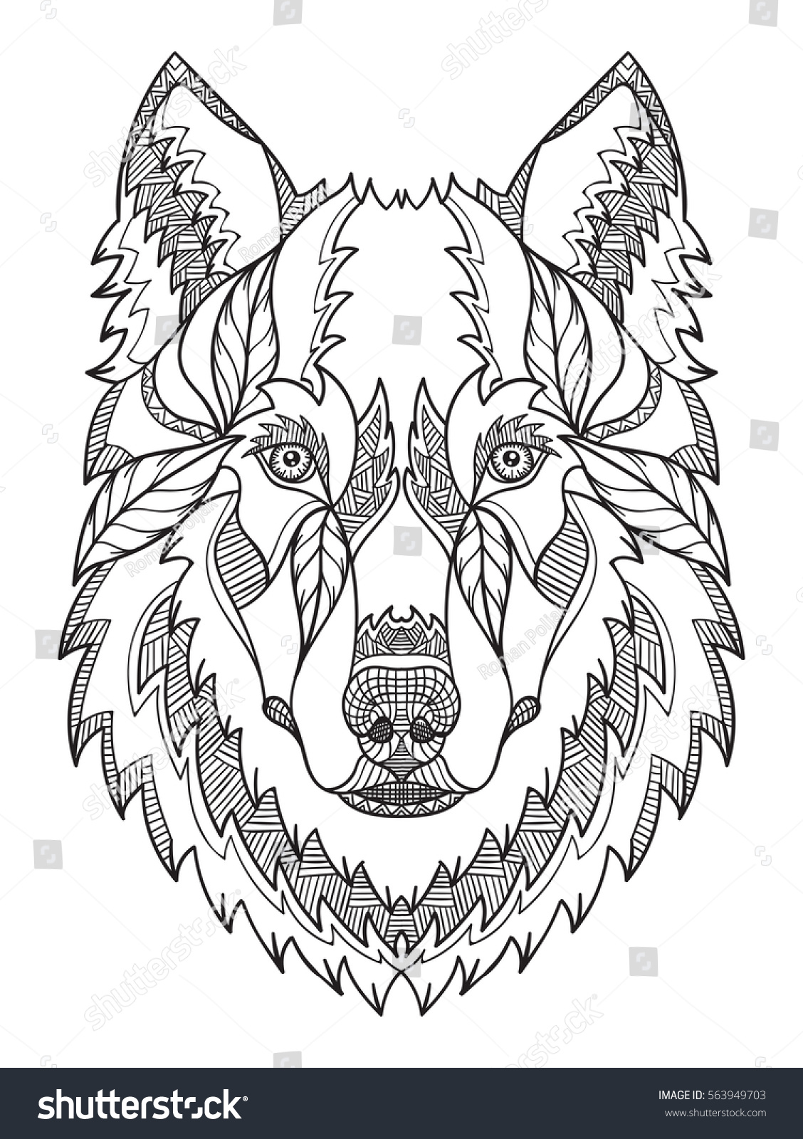 SVG of Gray wolf head zentangle, doodle stylized, vector, illustration, hand drawn, pattern. Zen art. Ornate vector. Black and white illustration on white background. Line art. svg