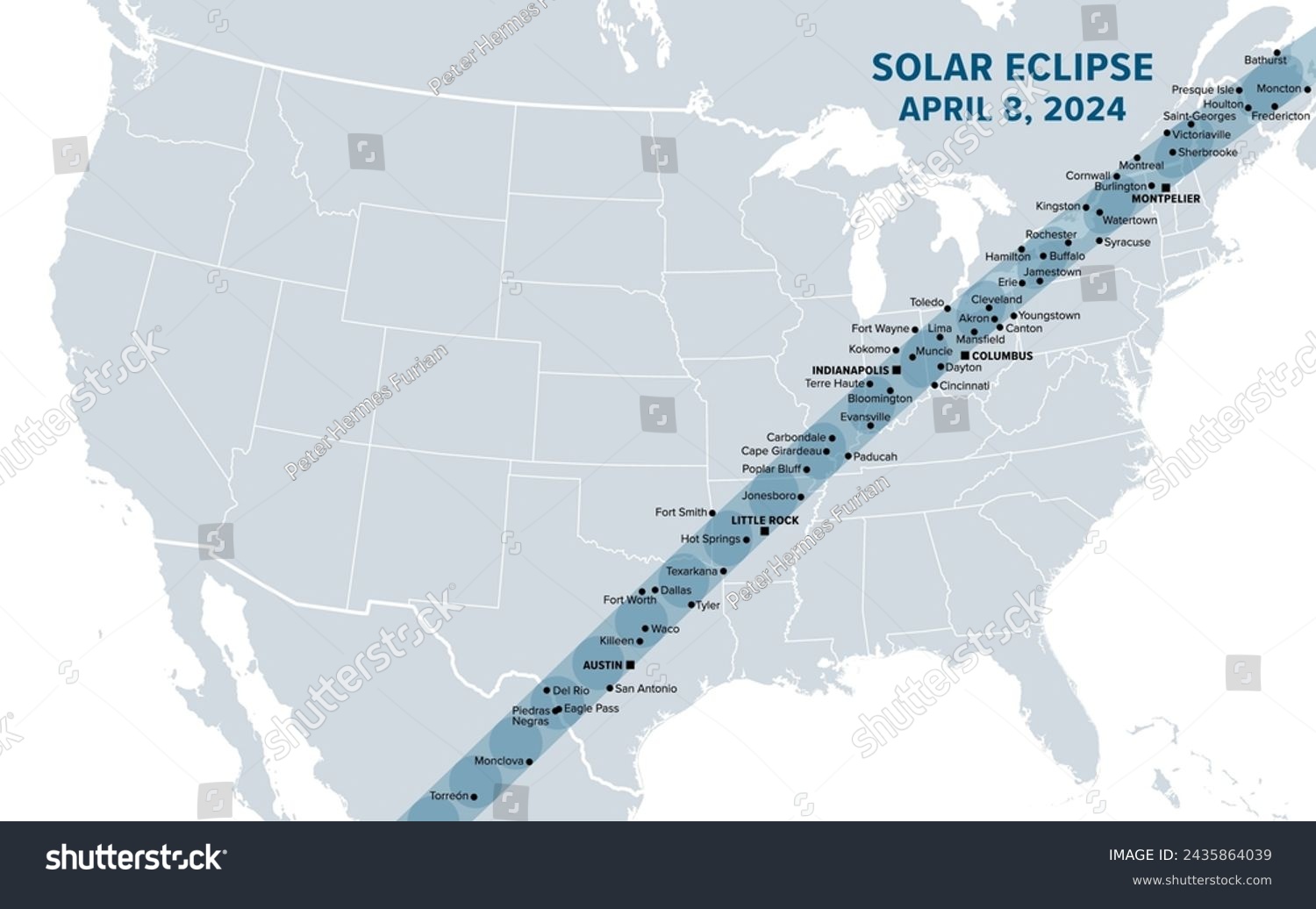SVG of Great American Total Solar Eclipse of April 8, 2024. Political map containing names of cities inside the path of totality. Visible across North America, passing over Mexico, United States, and Canada. svg