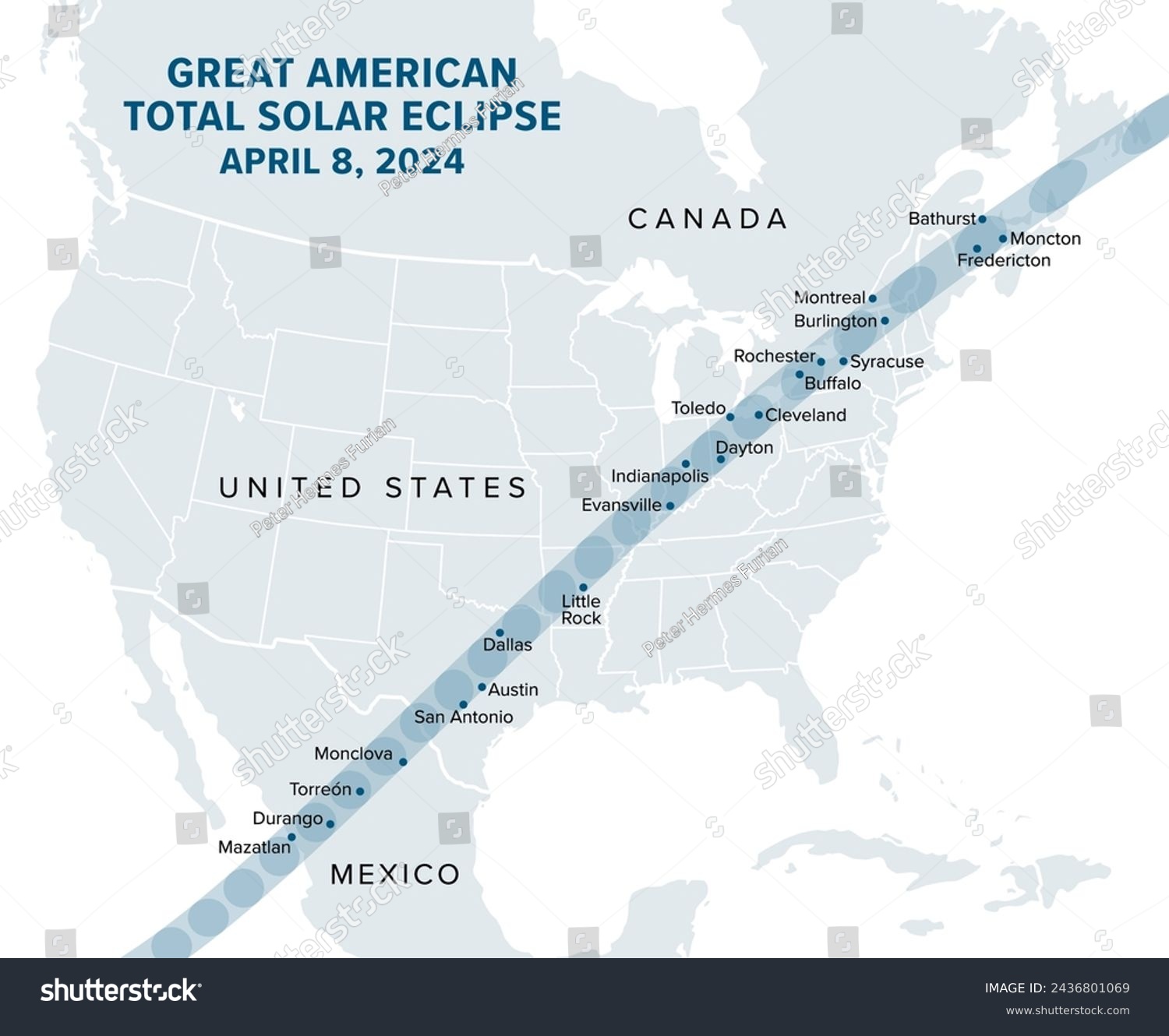 SVG of Great American Total Solar Eclipse, on April 8, 2024, political map. Major cities in the path of totality, visible across North America, passing over Mexico, the United States, and Canada. Vector. svg