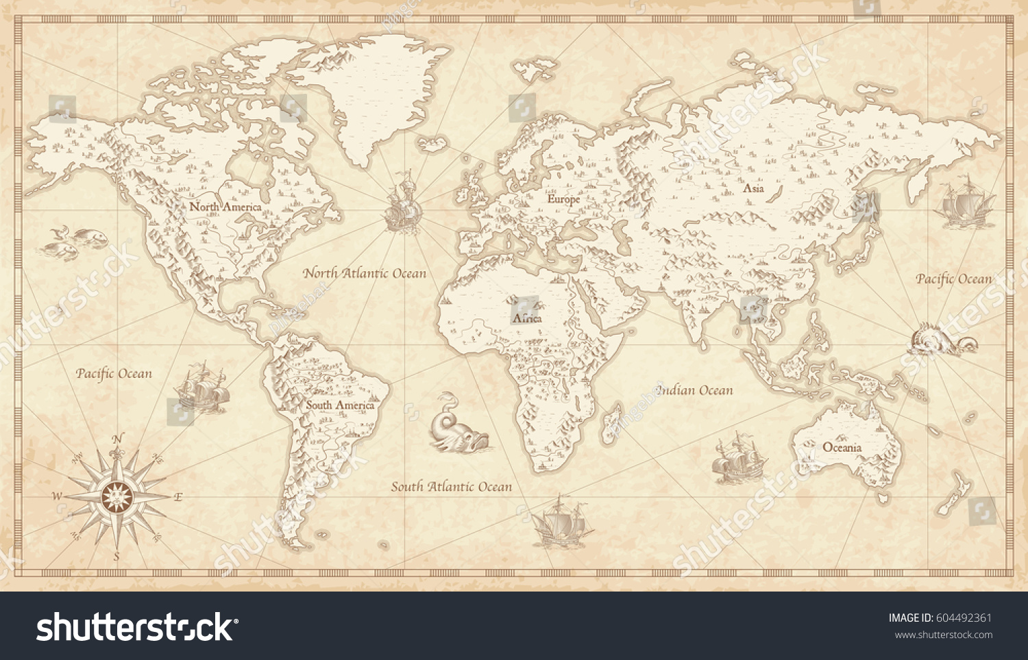 SVG of Great Detail Illustration of the world map in vintage style with mountains, trees, cities and main rivers on a old parchment background.  svg
