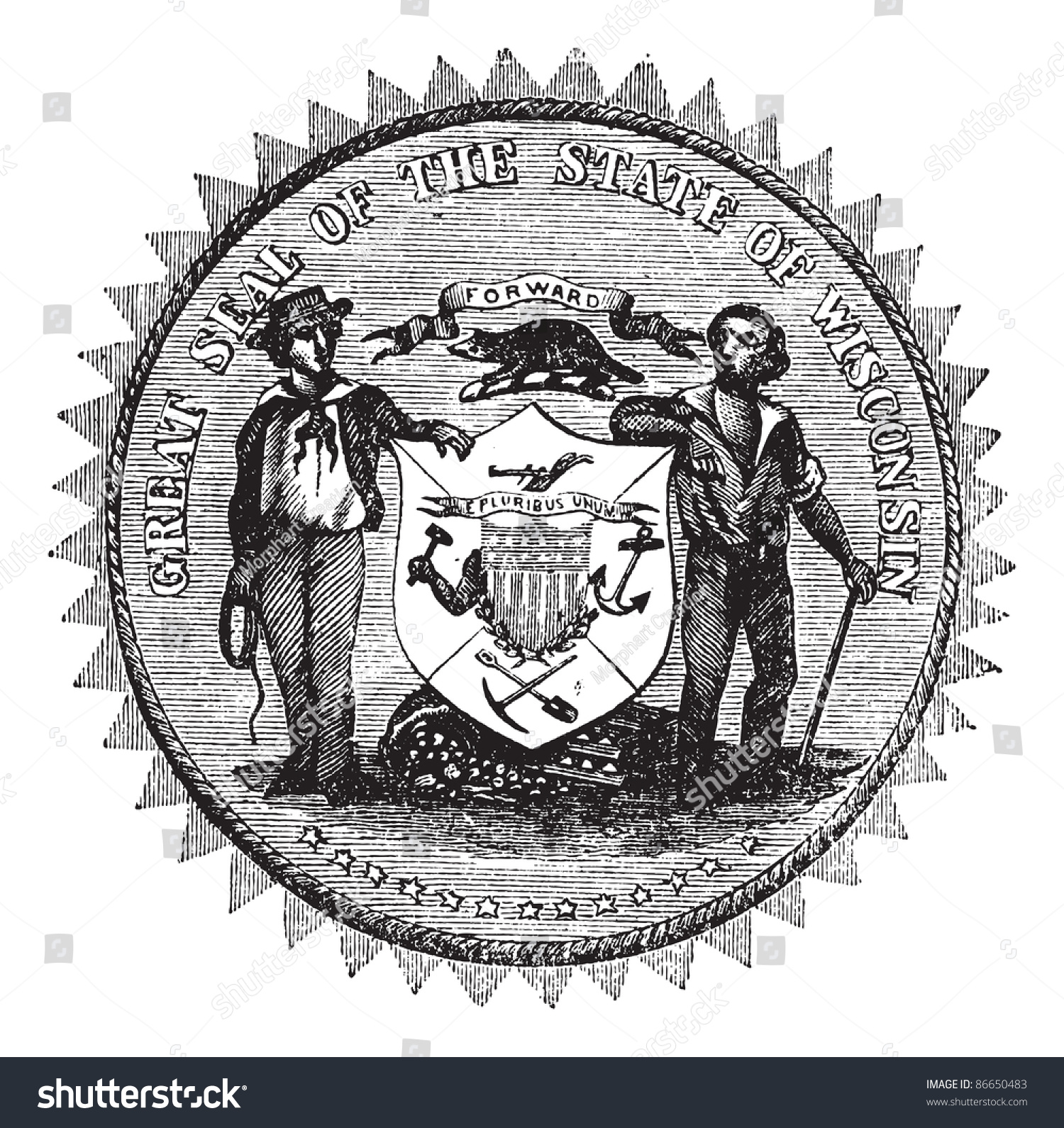 Great Seal Of The State Of Wisconsin, Usa, Vintage Engraving. Old ...