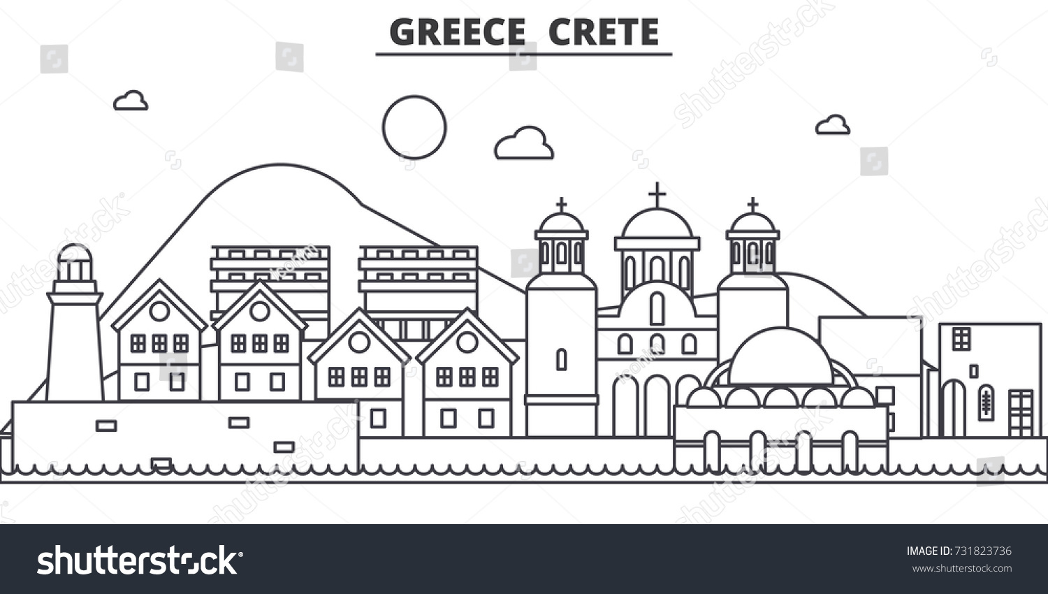 SVG of Greece, Crete architecture line skyline illustration. Linear vector cityscape with famous landmarks, city sights, design icons. Landscape wtih editable strokes svg