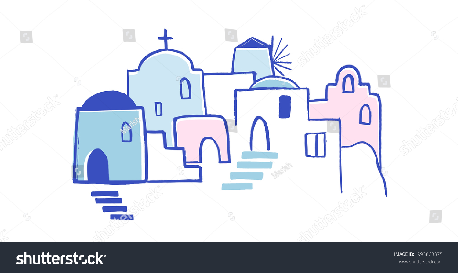 SVG of Greece hand drawn illustration. Santorini old town streets, traditional and famous houses and churches with blue domes  svg