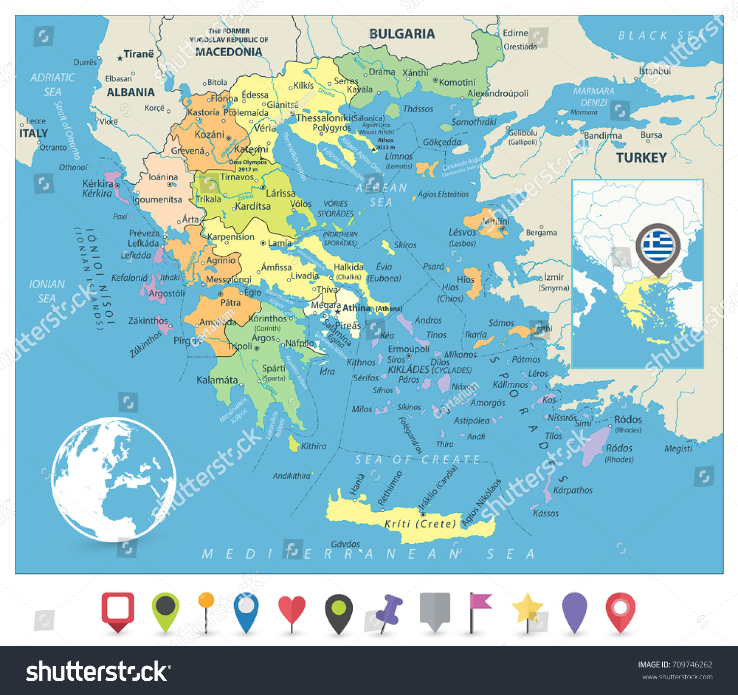Stock Vector Greece Political Map And Flat Map Markers Detailed Vector Map Of Greece And Navigation Icons 709746262 