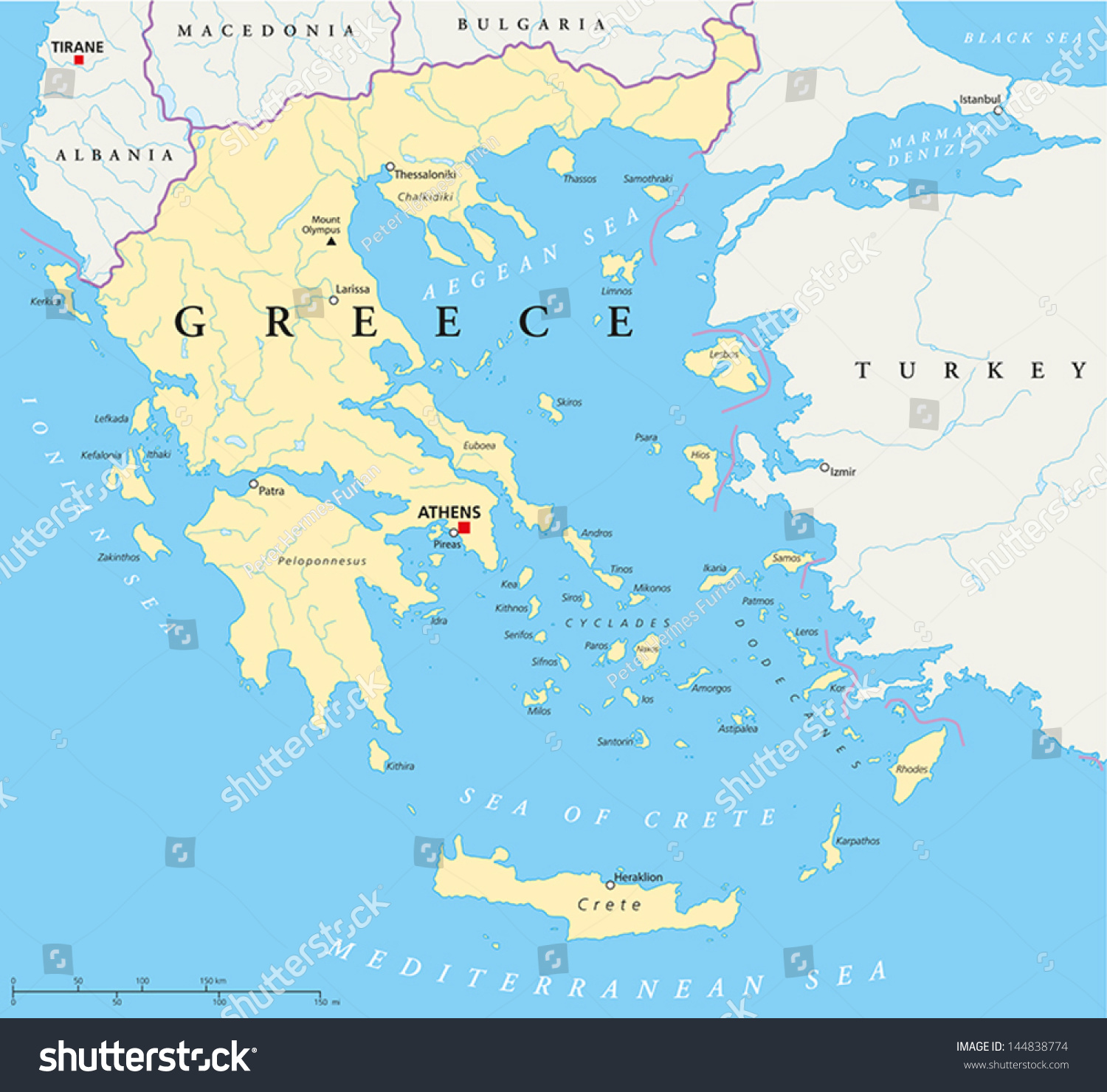 SVG of Greece Political Map. Hand drawn map of Greece with the capital Athens, national borders, most important cities, rivers and lakes. With english labeling and scale. svg