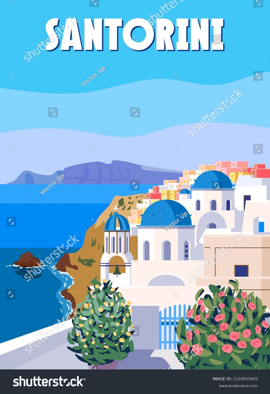 SVG of Greece Santorini Poster Travel, Greek white buildings with blue roofs, church, poster, old Mediterranean European culture and architecture svg