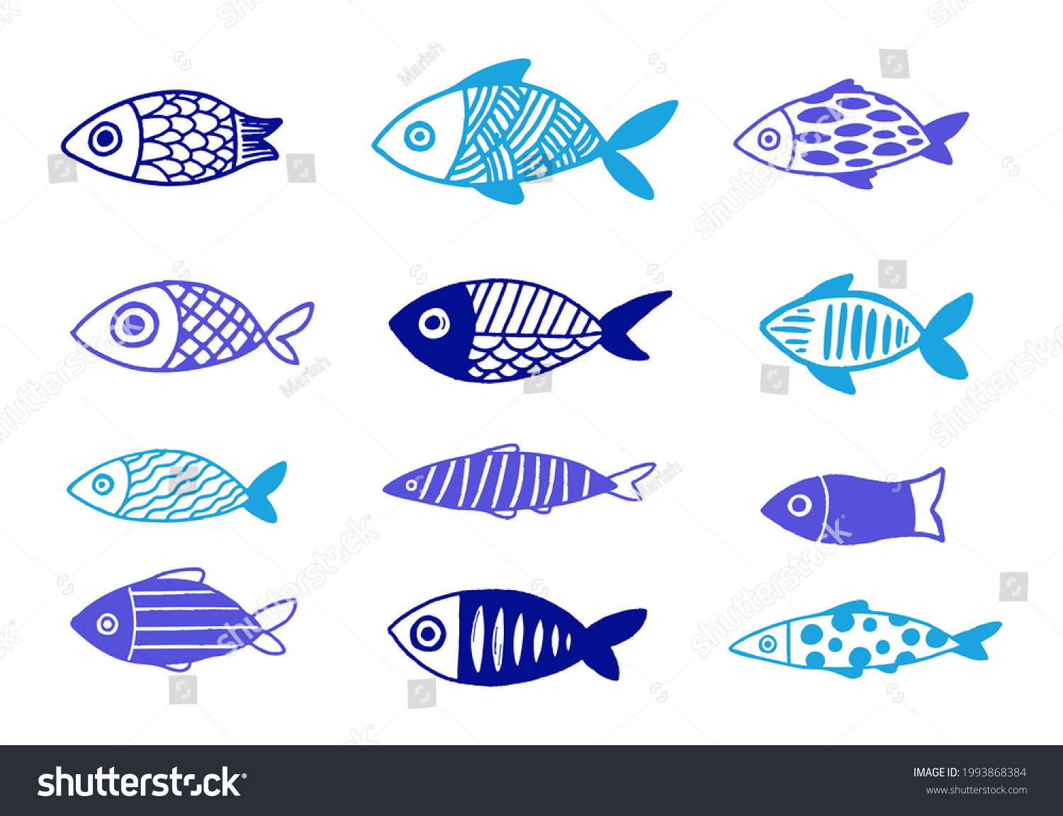 SVG of Greek fish, collection of hand drawn illustrations. Blue traditional fish symbols and icons svg