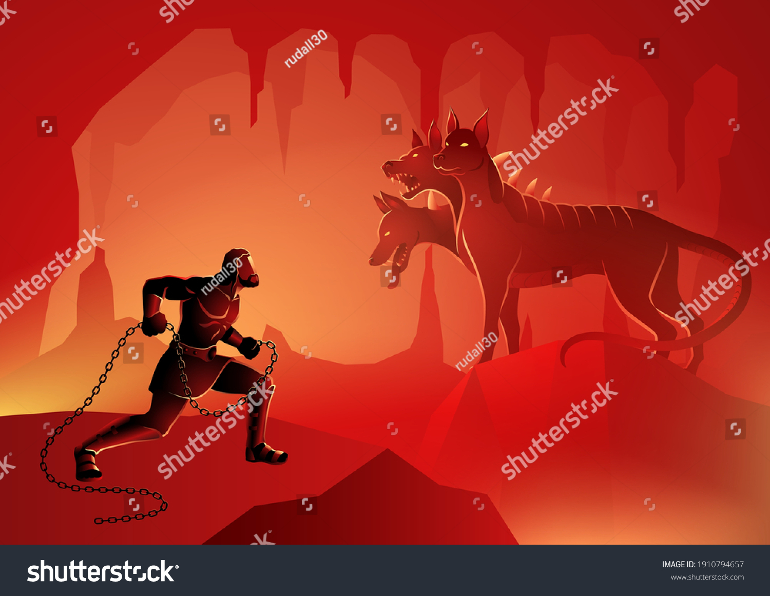 SVG of Greek god and goddess vector illustration series, the twelfth or final labour of Heracles' twelve labours, to capture Cerberus the three-headed dog the guardian of the gates of the Underworld svg