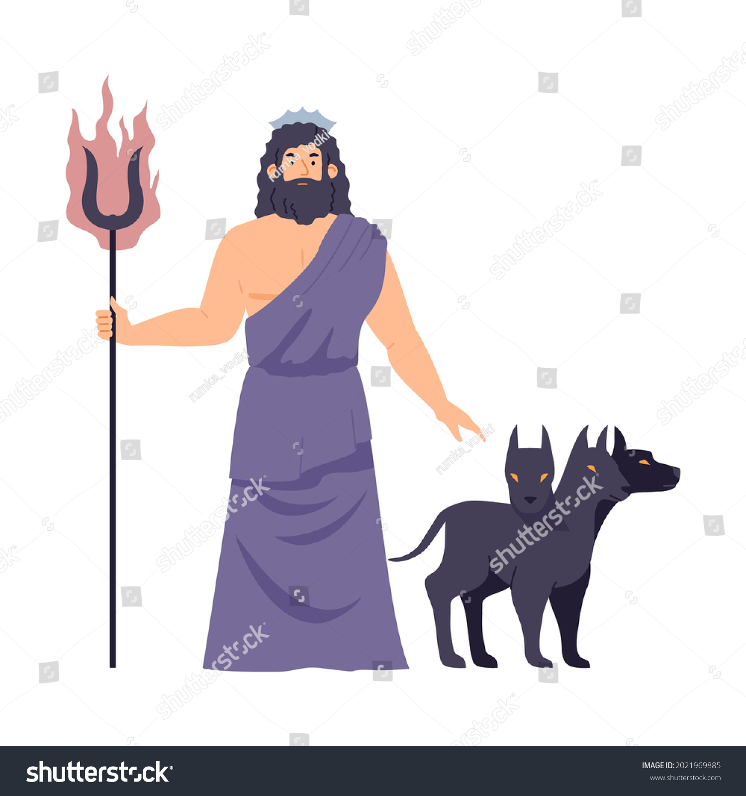 SVG of Greek god of underworld Hades or roman Pluto with Cerberus dogs, flat vector illustration isolated on white background. Hades the shadowland ruler and death god. svg