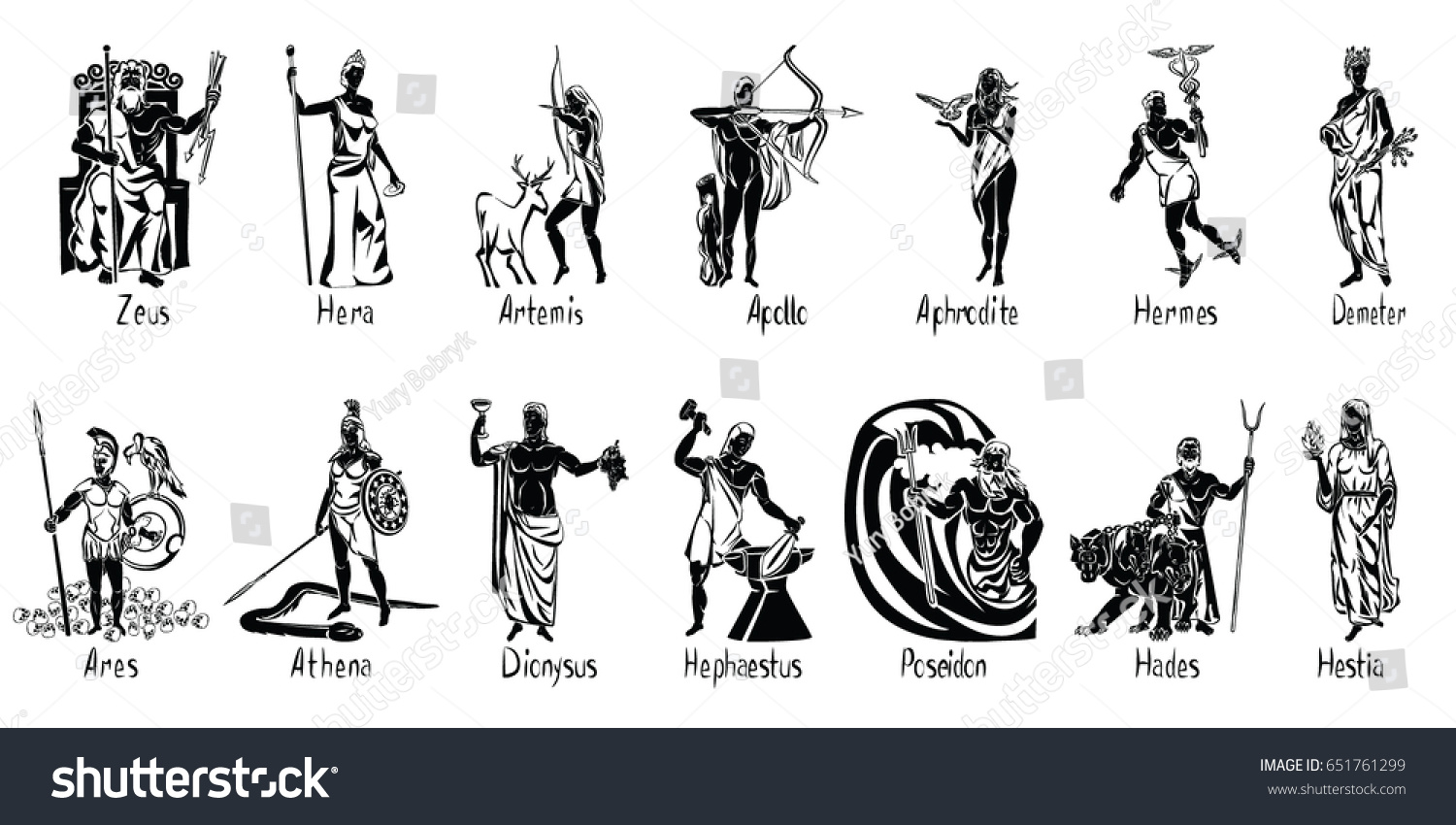 Greek gods vector illustration isolated on transparent background with captions. Aphrodite, Apollo, Ares, Athena, Artemis, Demeter, Dionysus, Hades, Hephaestus, Hestia, Hera, Hermes, Poseidon, Zeus