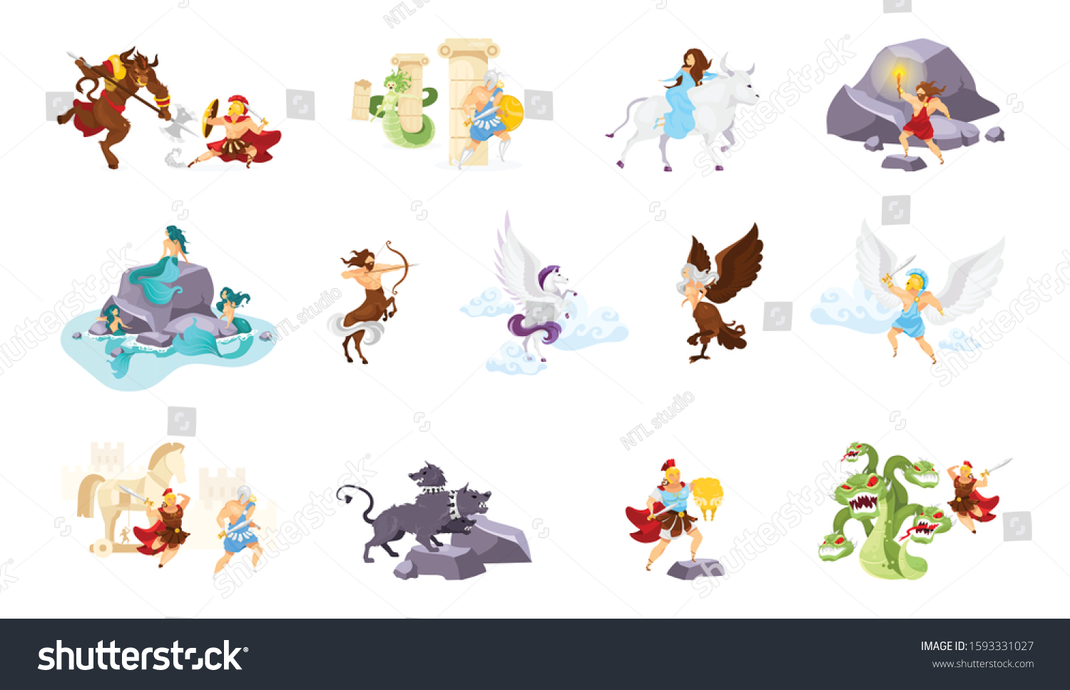 SVG of Greek mythology flat vector illustrations set. Minotaur and Theseus. Medusa and Perseus. Abduction of Europa. Cerberus. Trojan war. Beast and fighters. Heroes and creatures isolated cartoon characters svg