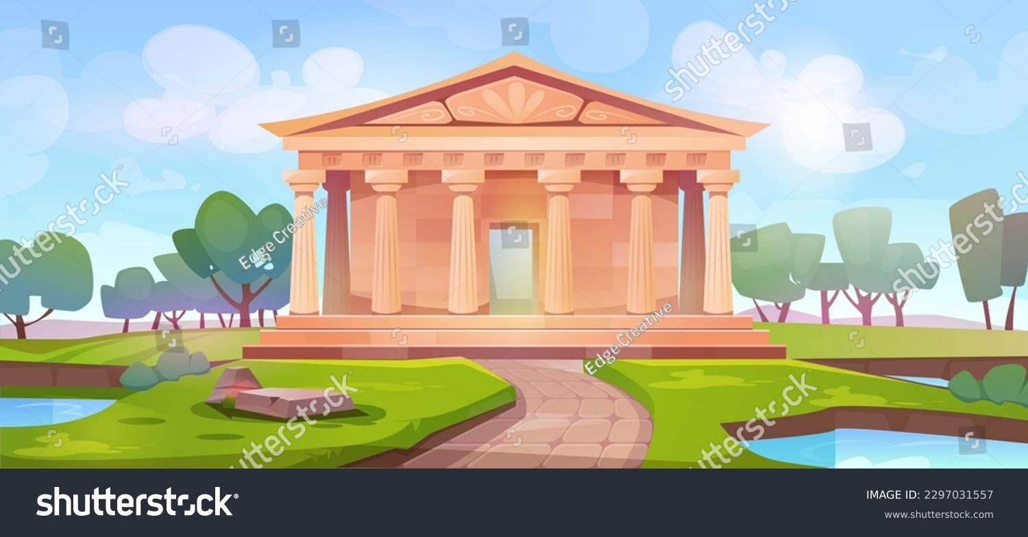 SVG of Greek or roman building. Famous ancient palace with column and pillar. Panorama of old pediment architecture, pond and path. Summer landscape with historical landmark. Cartoon flat vector illustration svg