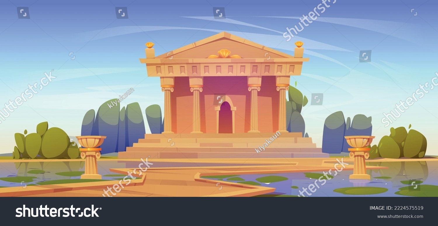 SVG of Greek or roman temple building, ancient architecture with columns and pediment. Summer landscape with antique palace with pillars and road through lake, vector cartoon illustration svg