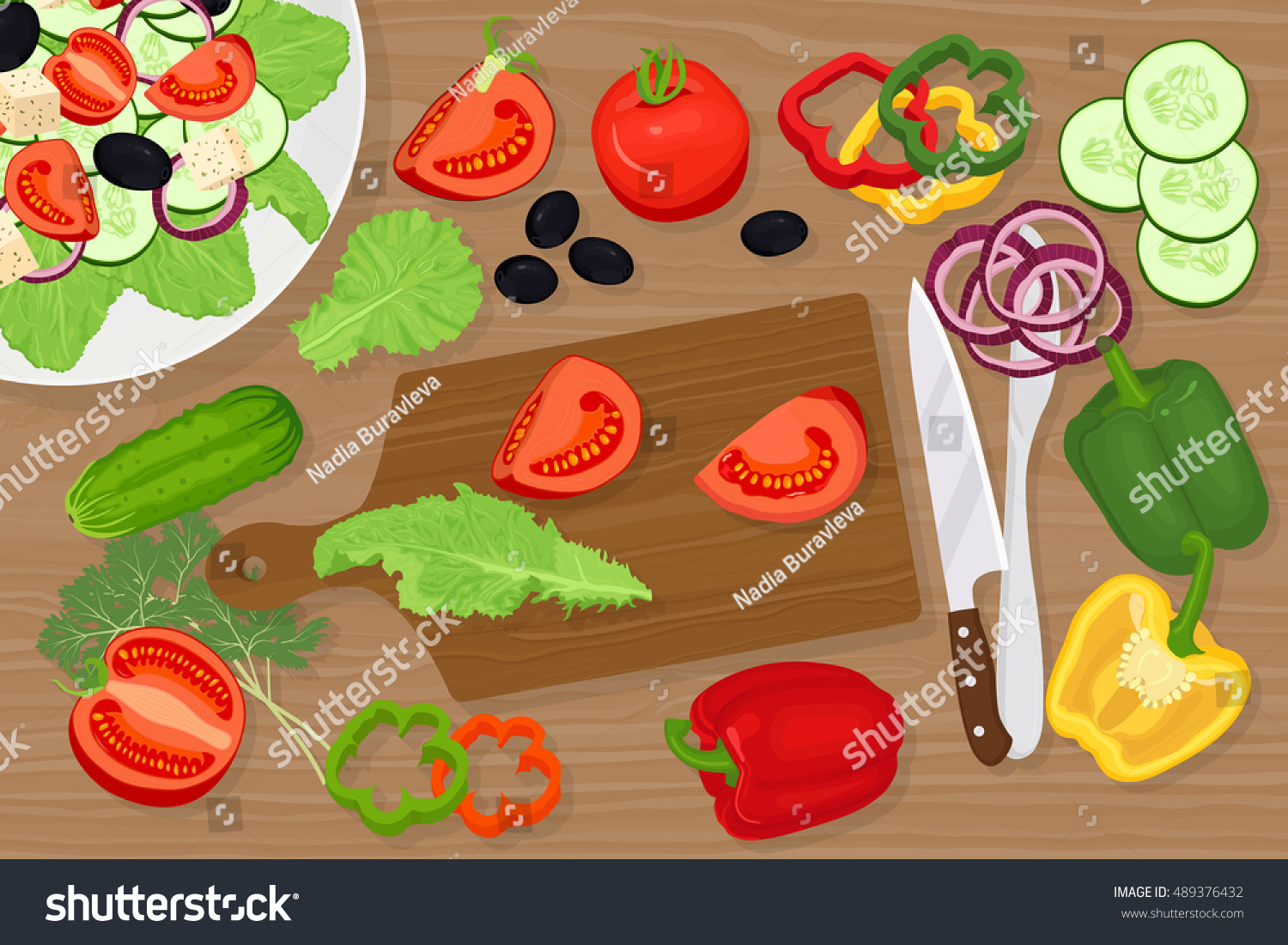 Greek Salad Plate Vegetables On Wood Stock Vector Royalty Free