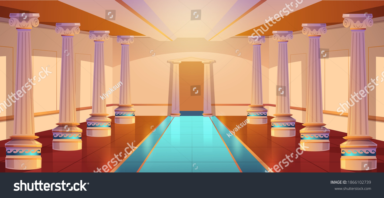 SVG of Greek temple, roman architecture, castle corridor with columns and arch entrance. Palace hall with pillars, ancient building design, empty ball room or theater interior. Cartoon vector illustration svg