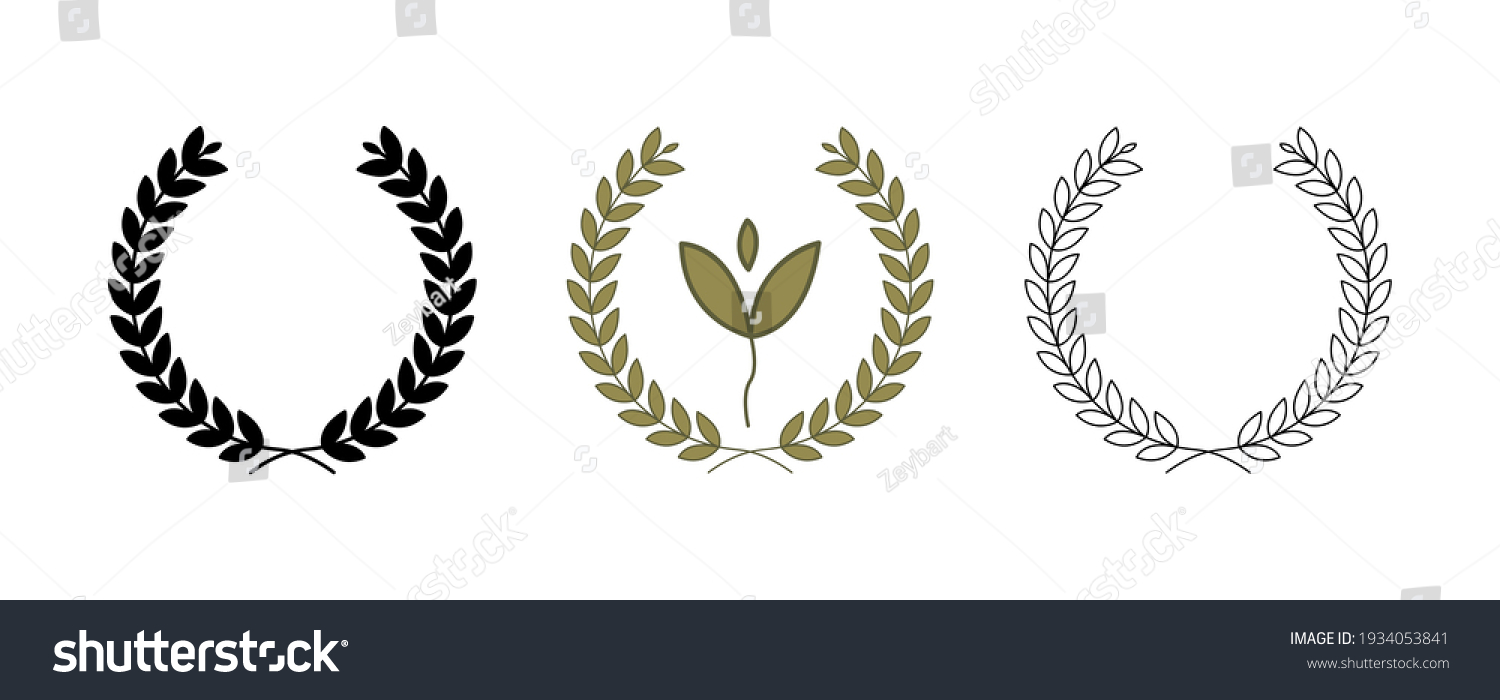 SVG of Green background, silhouette, circular bay leaf and a trophy, heraldry wreath. Collection of wreaths depicting success, victory, crown, winner, ornate, vector icon illustration. svg