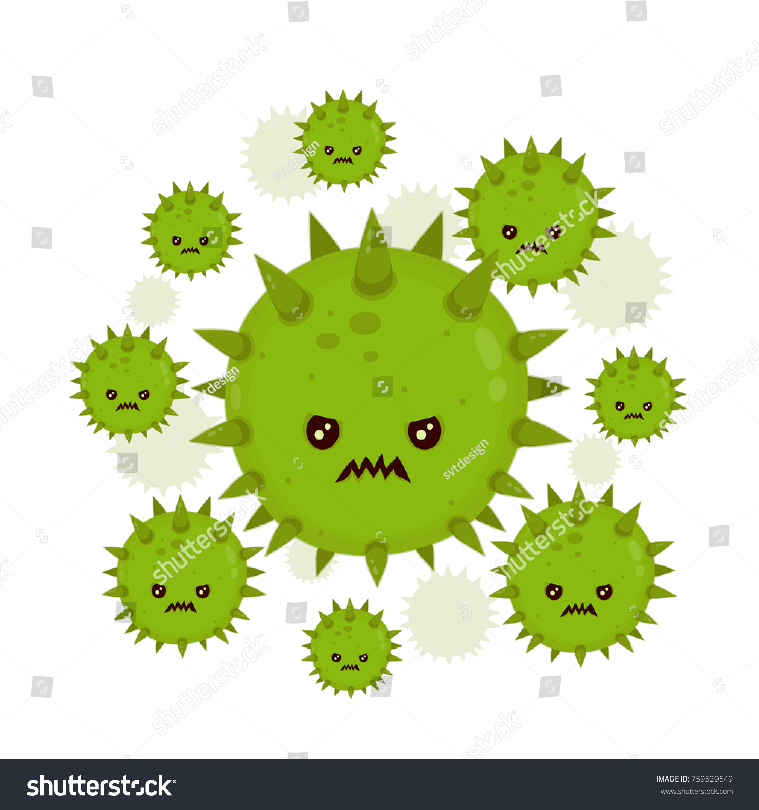 白い背景にかわいい怒りの悪い虫の細菌ウイルス感染 微細菌 ベクター画像の平らなスタイルの漫画のキャラクターイラスト 微生物 病原体 ウイルスアイコン がんのコンセプト のベクター画像素材 ロイヤリティフリー