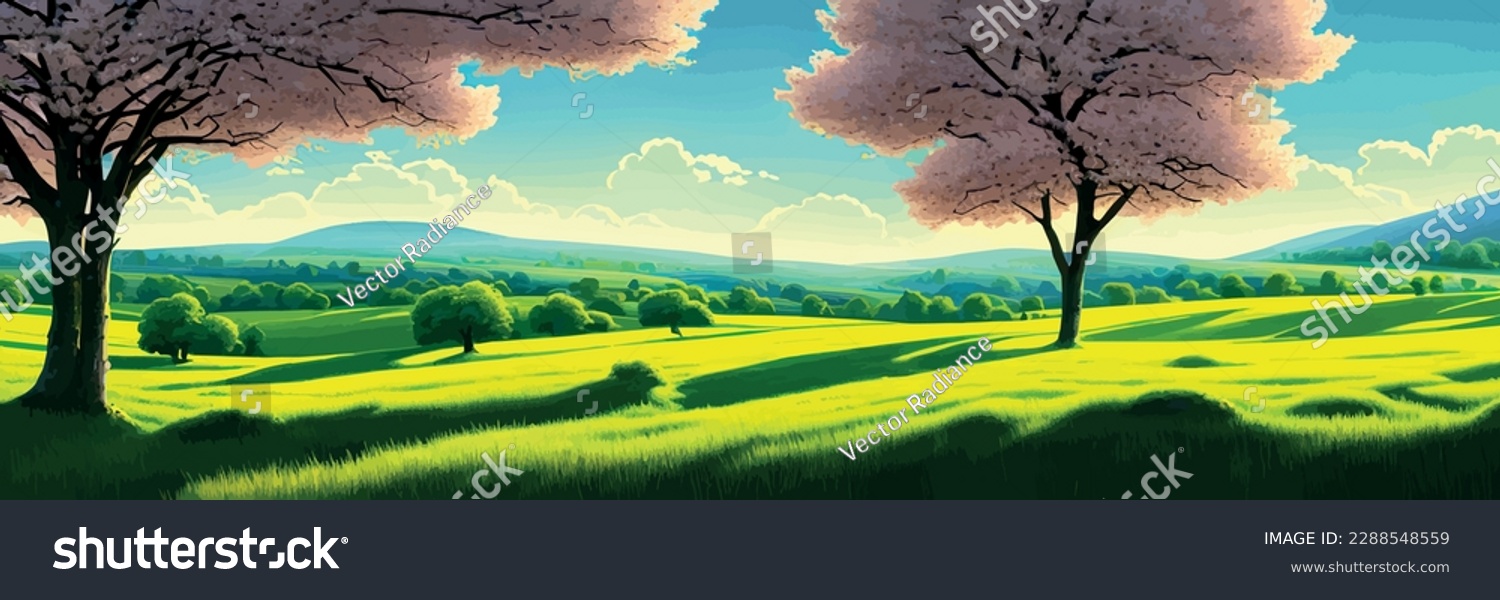 SVG of Green field, tree and blue sky. Great background, web banner. Electrical illustration Spring background. Green meadow, trees. Cartoon illustration beautiful summer landscape valley with blue sky svg