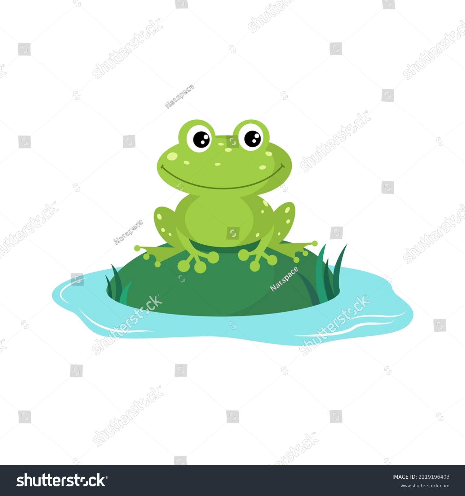 SVG of Green frog on hummock in the lake. Vector illustration in the flat style of cartoon character. svg