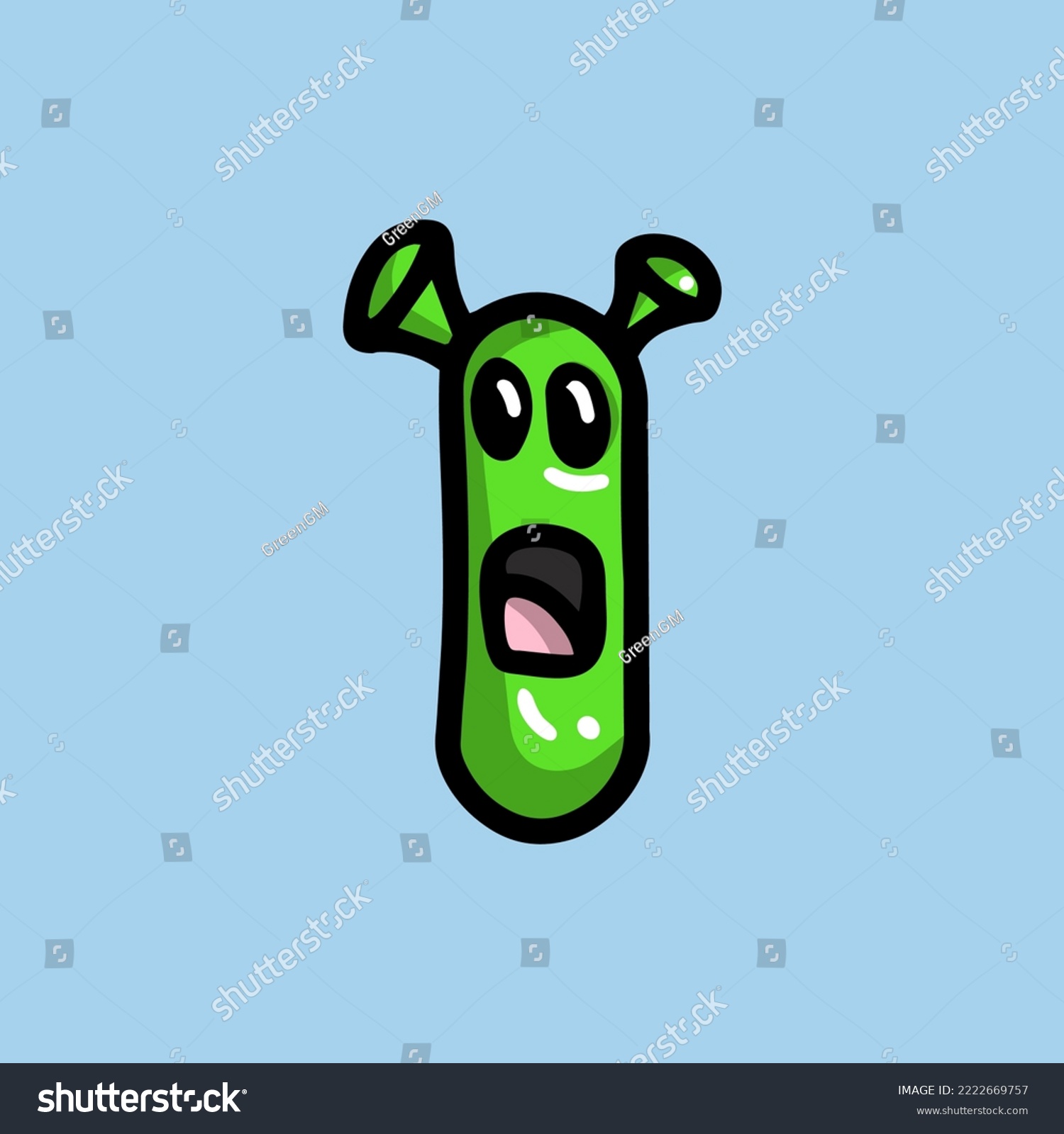 SVG of green funny letter I in the form of a Shrek monster with a face, ears and tongue, perplexed indignant playful and surprised frightened, with shadow and highlights, doodle svg
