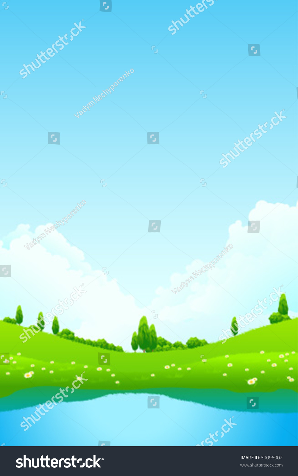 Green Landscape With Lake Trees And Flowers Stock Vector Illustration ...