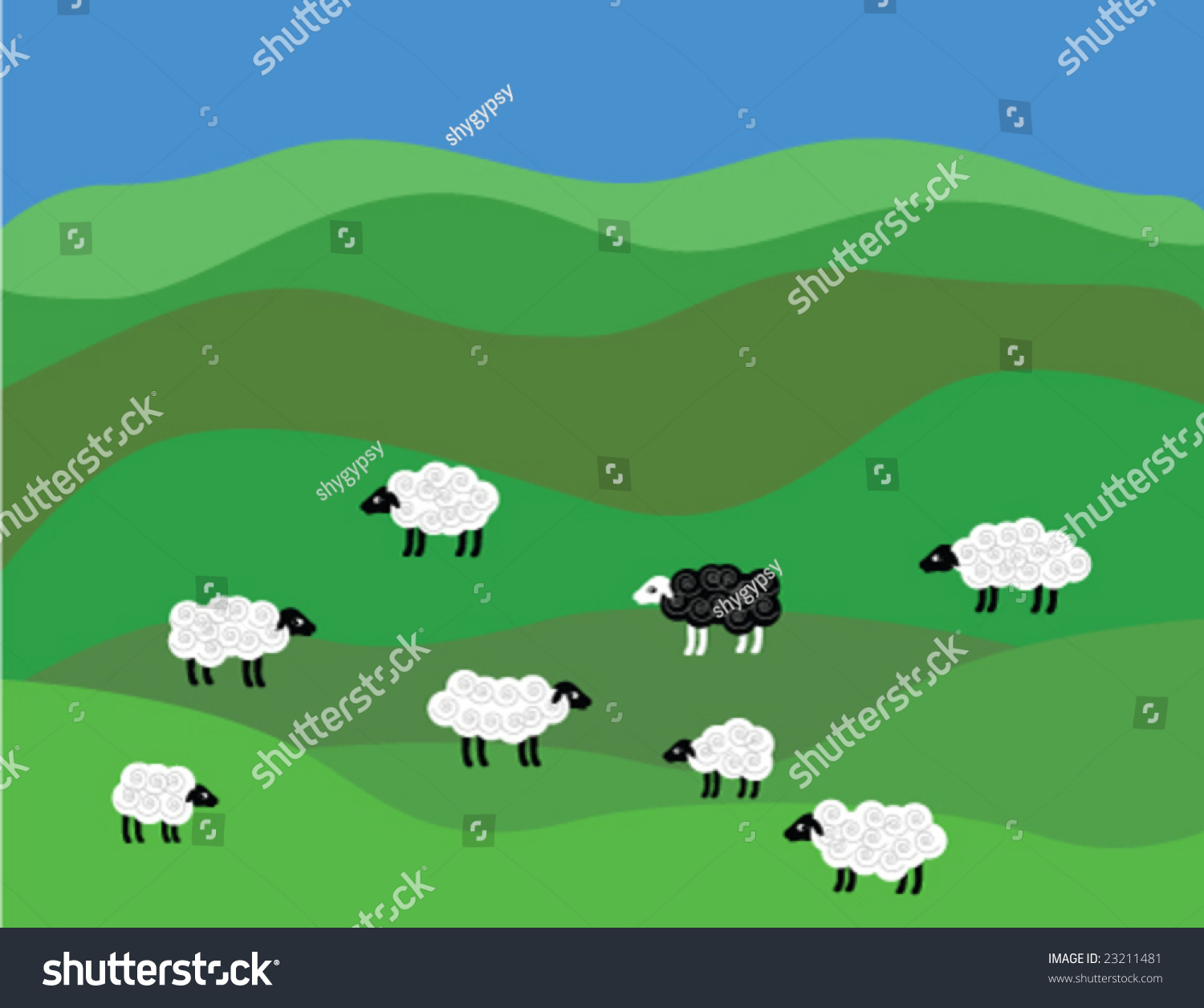 Green Pasture With A Flock Of All White Sheep And One Black Sheep Among ...