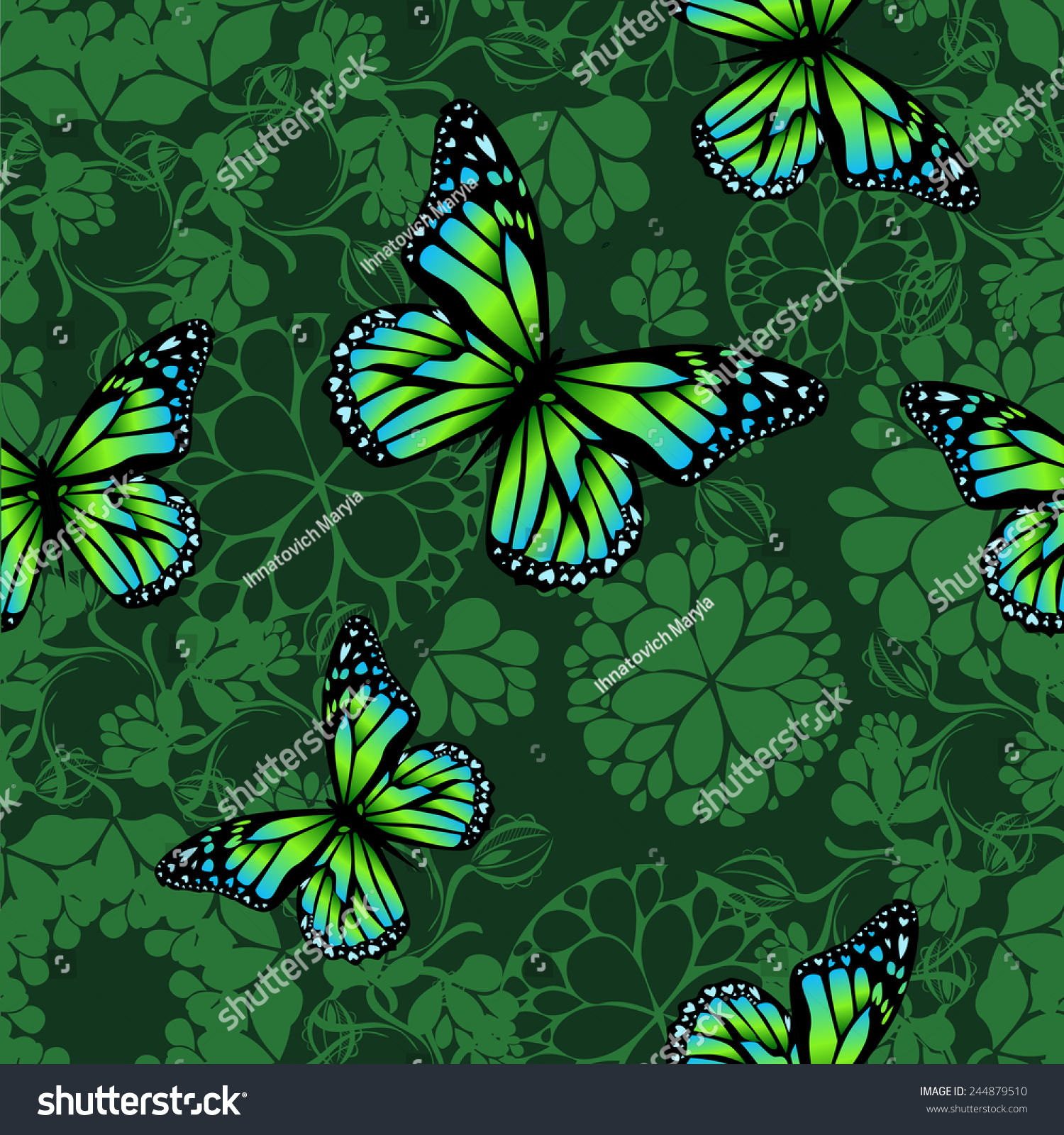 Green Seamless Background Flowers Butterflies Vector Stock Vector ...