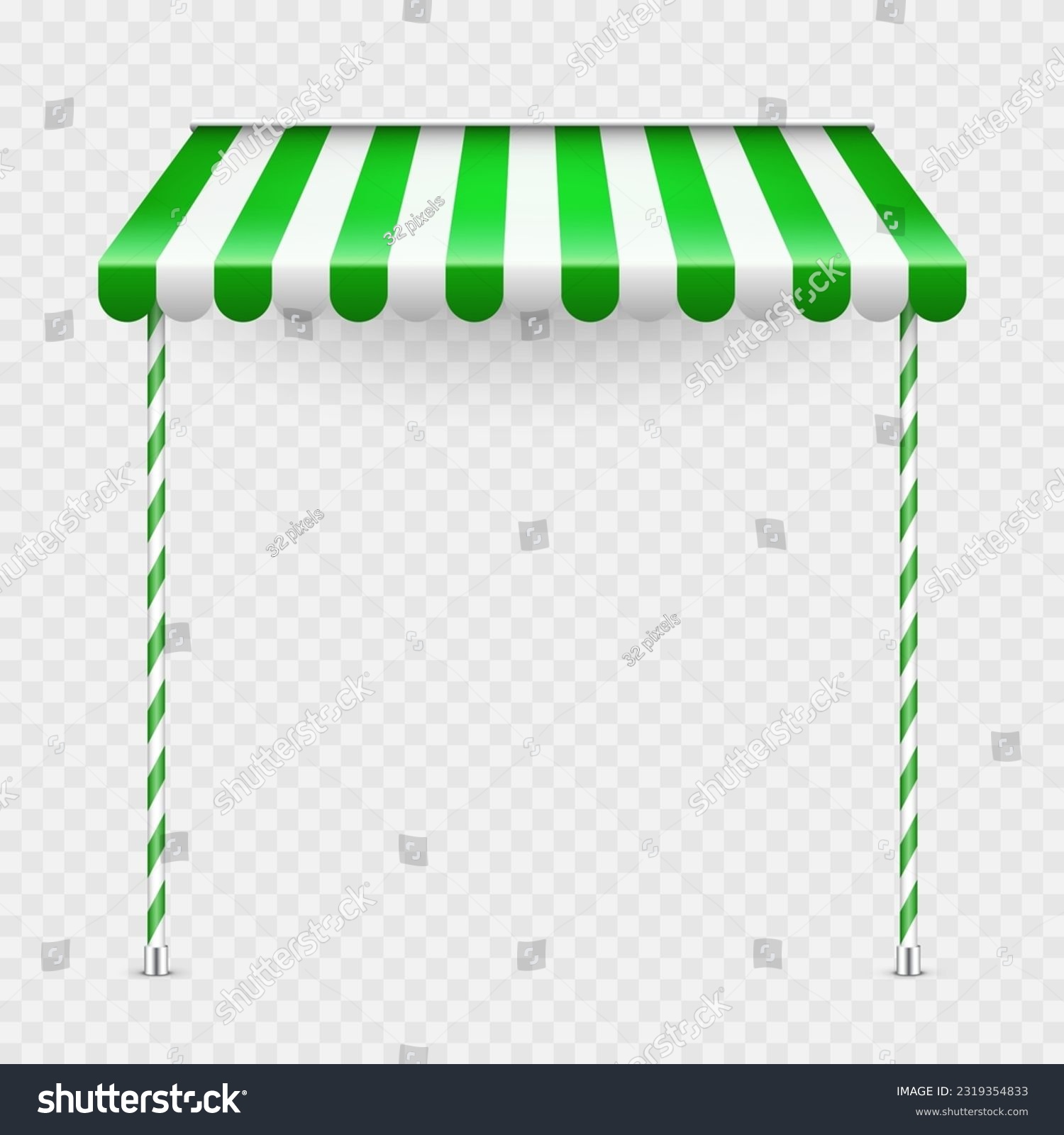 SVG of Green shop sunshade with stand holders. Realistic striped cafe awning. Outdoor market tent. Roof canopy. Summer street store. Vector illustration svg