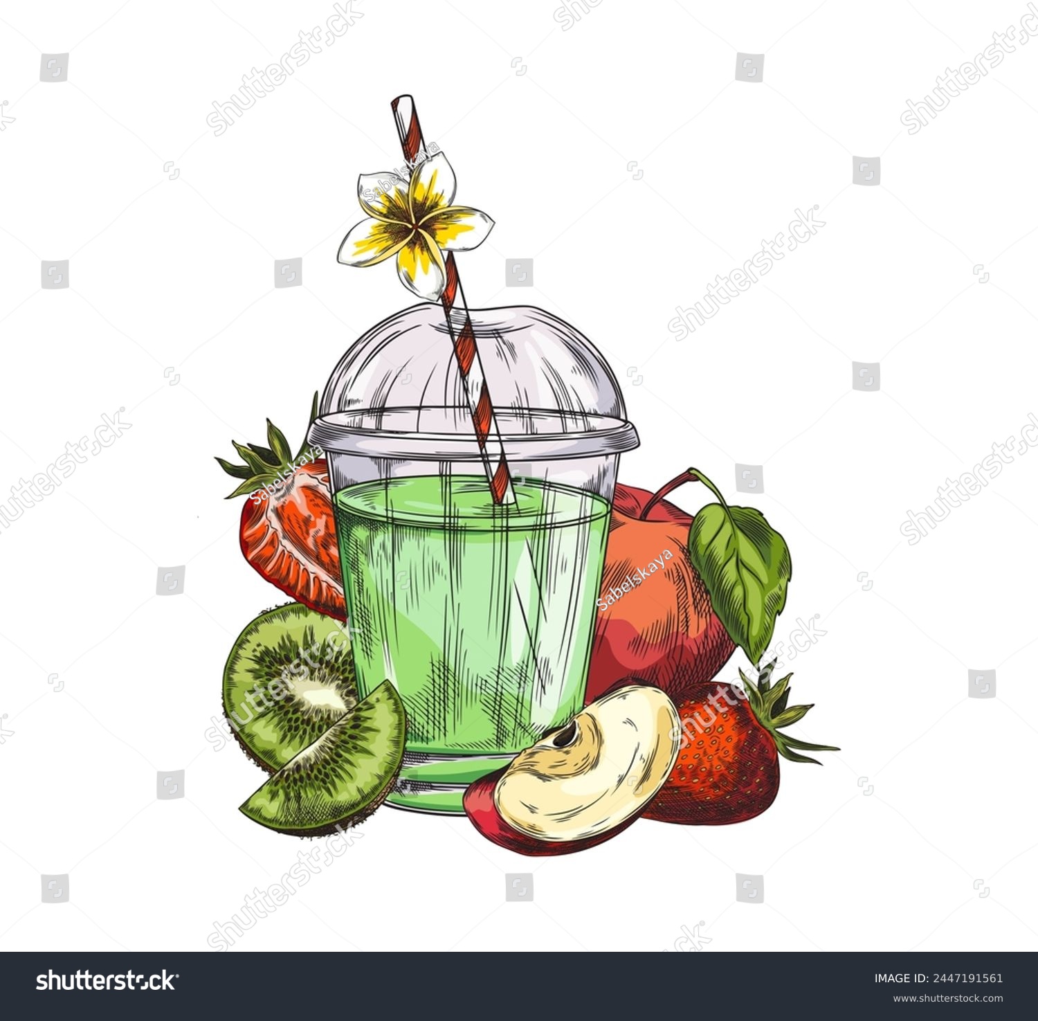 SVG of Green smoothie in a transparent plastic cup with a cocktail stick on a background of kiwi, apple and strawberry. Fruit soft drinks and soft drinks in glasses. Ideal for advertising fresh drinks. svg