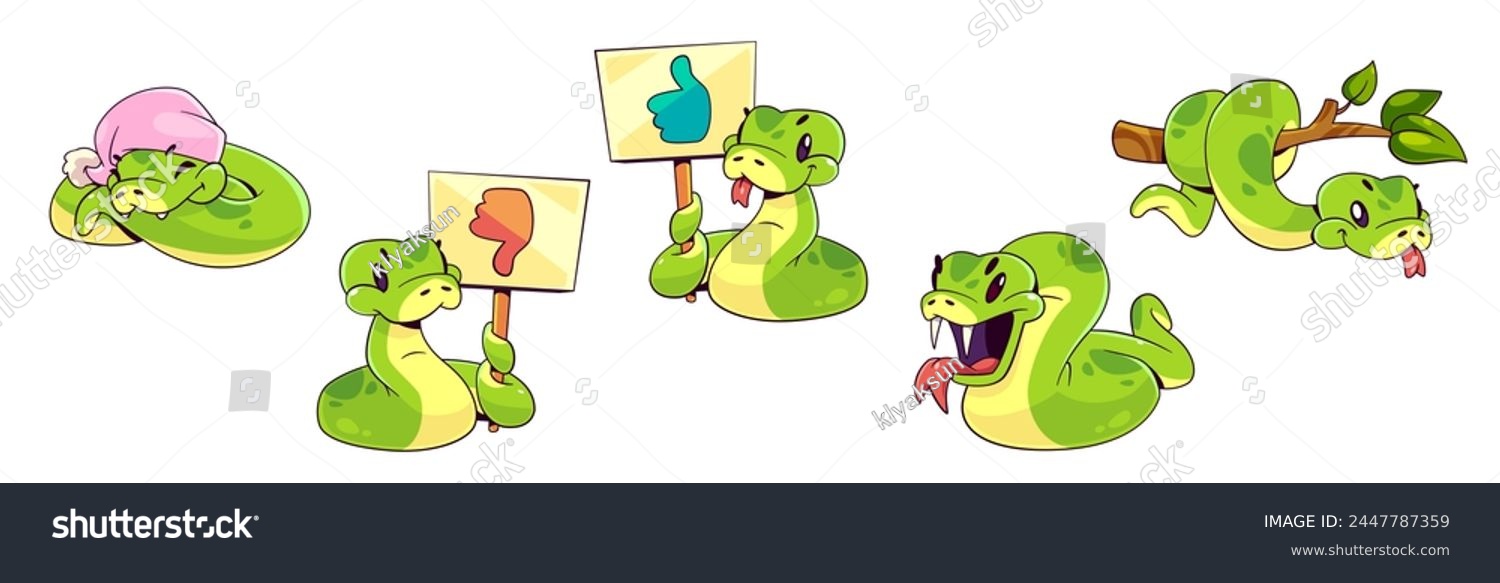 SVG of Green snake characters set isolated on white background. Vector cartoon illustration of cute serpent mascots sleeping in hat, showing like and dislike banners, angry, hanging on tree branch in zoo svg