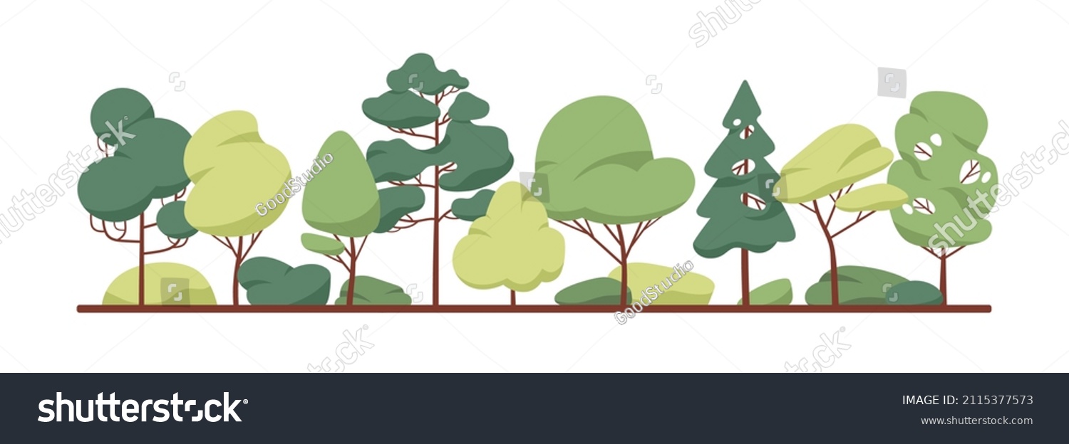 SVG of Green tree border. Forest foliage and coniferous plants in row. Mixed wood panorama with stylized fir, poplar trunks and crowns. Flat vector illustration of woodland isolated on white background svg
