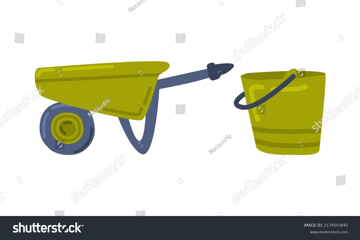 SVG of Green wheelbarrow and bucket. Gardening agricultural equipment cartoon vector illustration svg