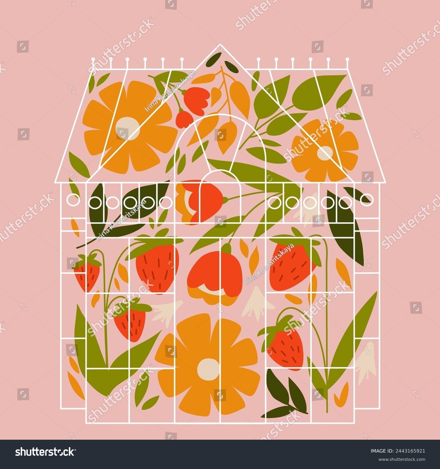 SVG of Greenhouse and flowers. Garden with flowers and glasshouse.  Botanical Garden svg