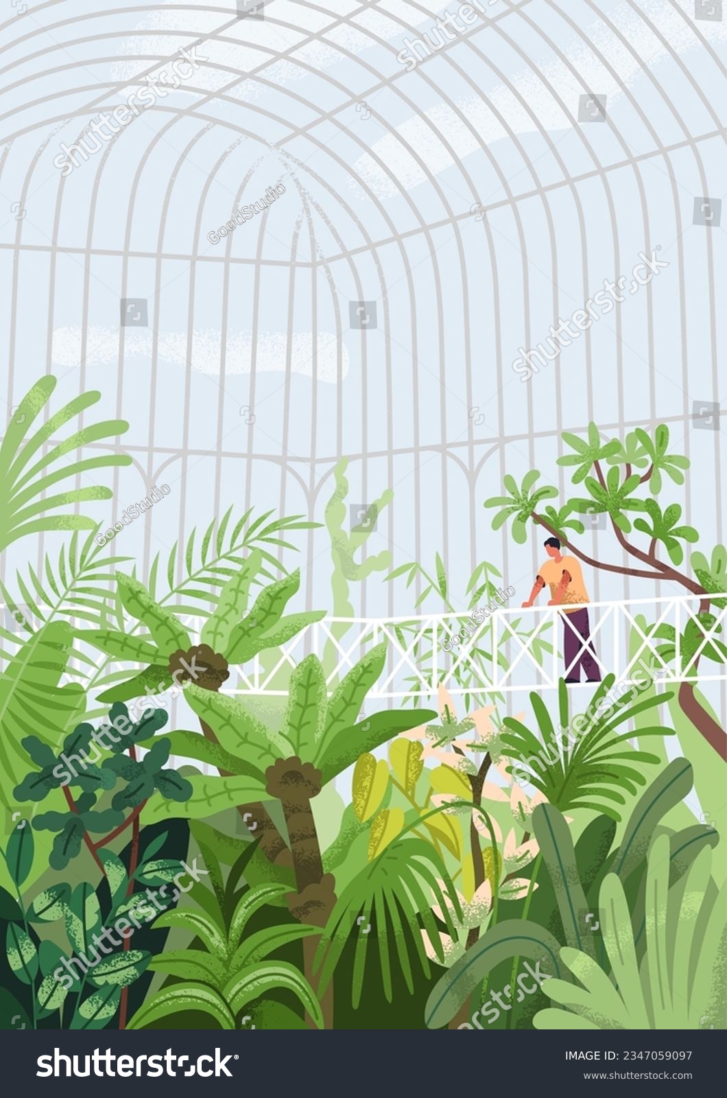 SVG of Greenhouse, conservatory with foliage plant. Botanical garden, park with leaf vegetations. Person enjoying nature in glasshouse, orangery with glass transparent roof. Flat vector illustration svg