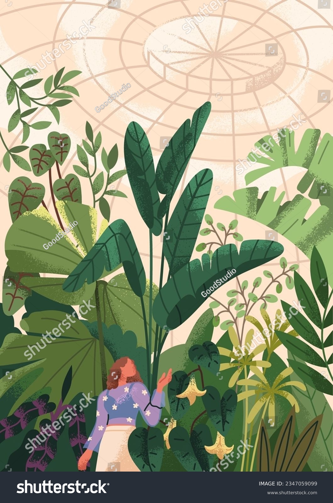 SVG of Greenhouse, conservatory. Woman walking in botanical garden, park among green plants under dome roof. Person and nature in glasshouse, orangery with growing leaf vegetations. Flat vector illustration svg
