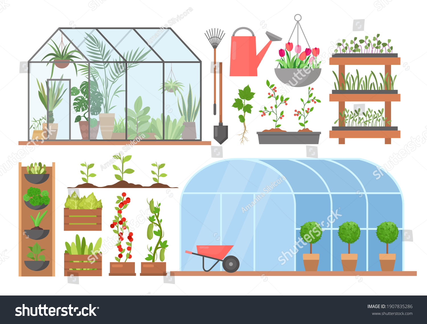SVG of Greenhouse flower plant vegetable cultivation vector illustration set. Cartoon glasshouses for planting and growing natural organic agricultural products, garden equipment and tools isolated on white svg