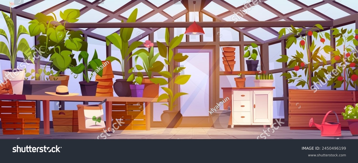 SVG of Greenhouse garden interior with glass walls and door, furniture and equipment. Cartoon vector glasshouse with farm plants and horticulture seedlings, flowers and vegetables in pots, chest and tables. svg