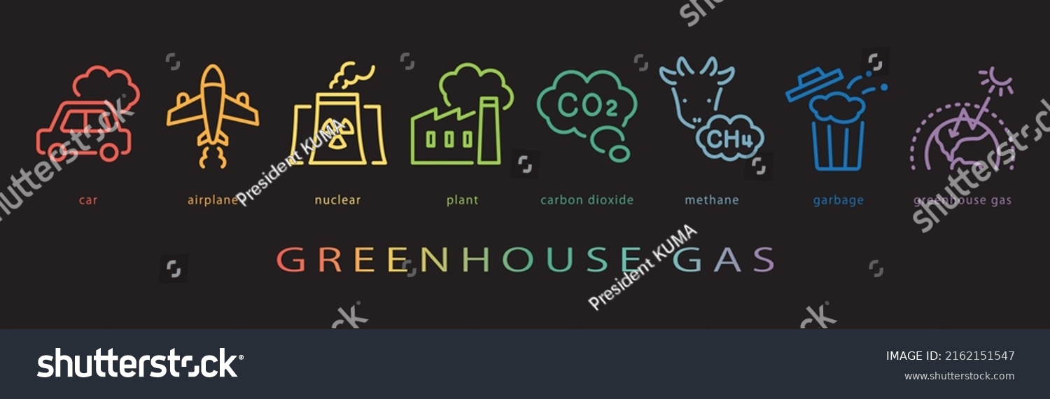 SVG of Greenhouse gas vector icon set. neon color on black background. svg
