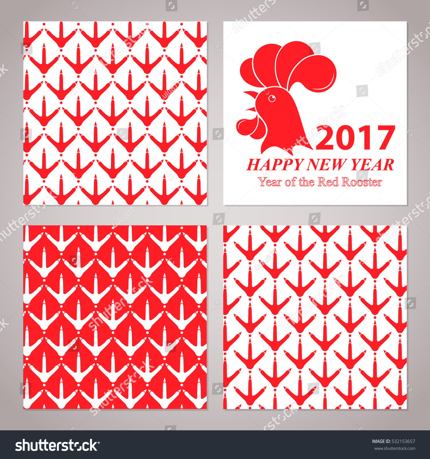 SVG of Greeting card for the New Year 2017. Red rooster on white background. Set of seamless patterns with chicken footprints svg