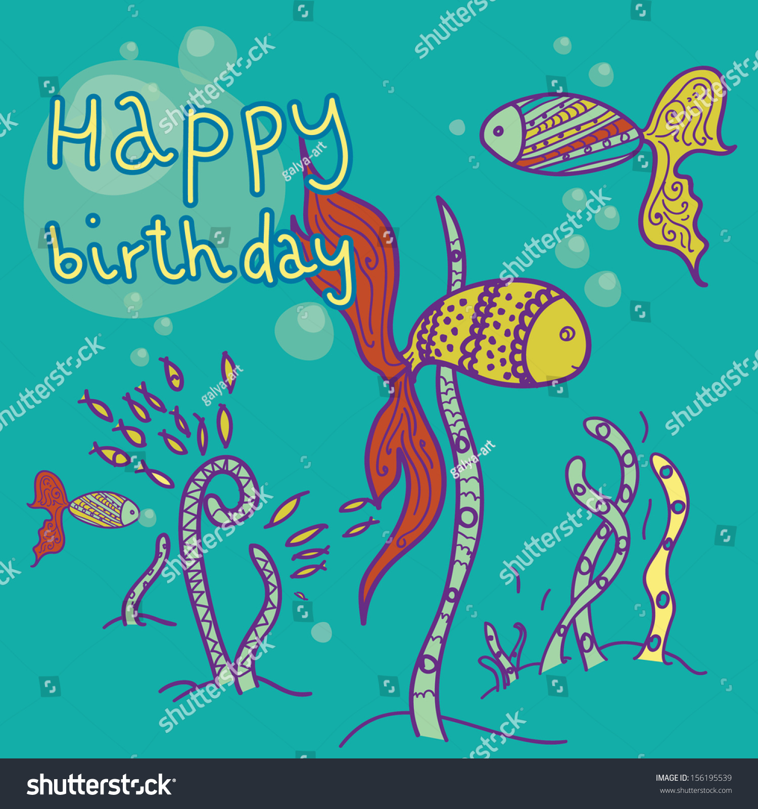 Greeting Card. Happy Birthday Underwater. Vector Cartoon Illustration ...