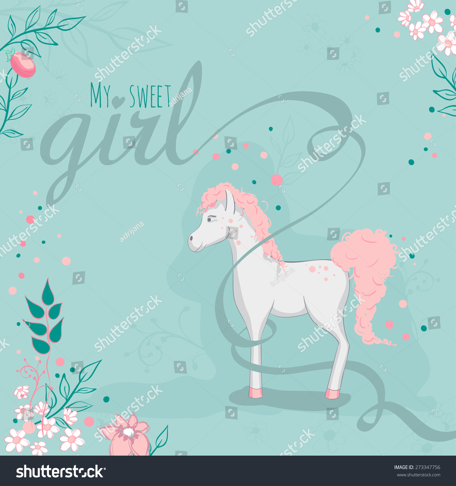 SVG of Greeting card - White horse and flowers - My sweet girl. Text is on a separate layer. svg