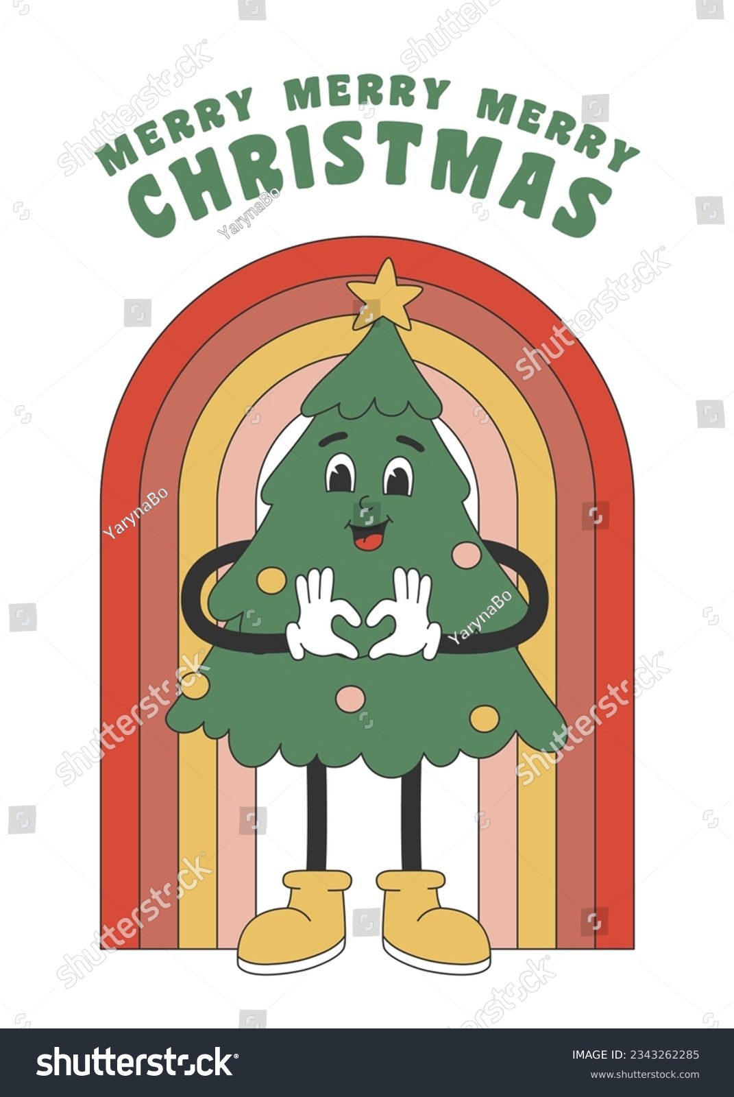 SVG of Greeting card with christmas tree in groovy retro style. Template for Merry Christmas and Happy New year greeting card, poster, party invitation. Vector illustration svg