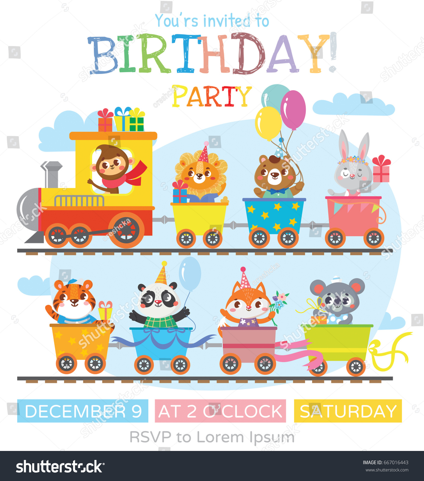 Greeting Card Cute Animal On Train Stock Vector 667016443 - Shutterstock