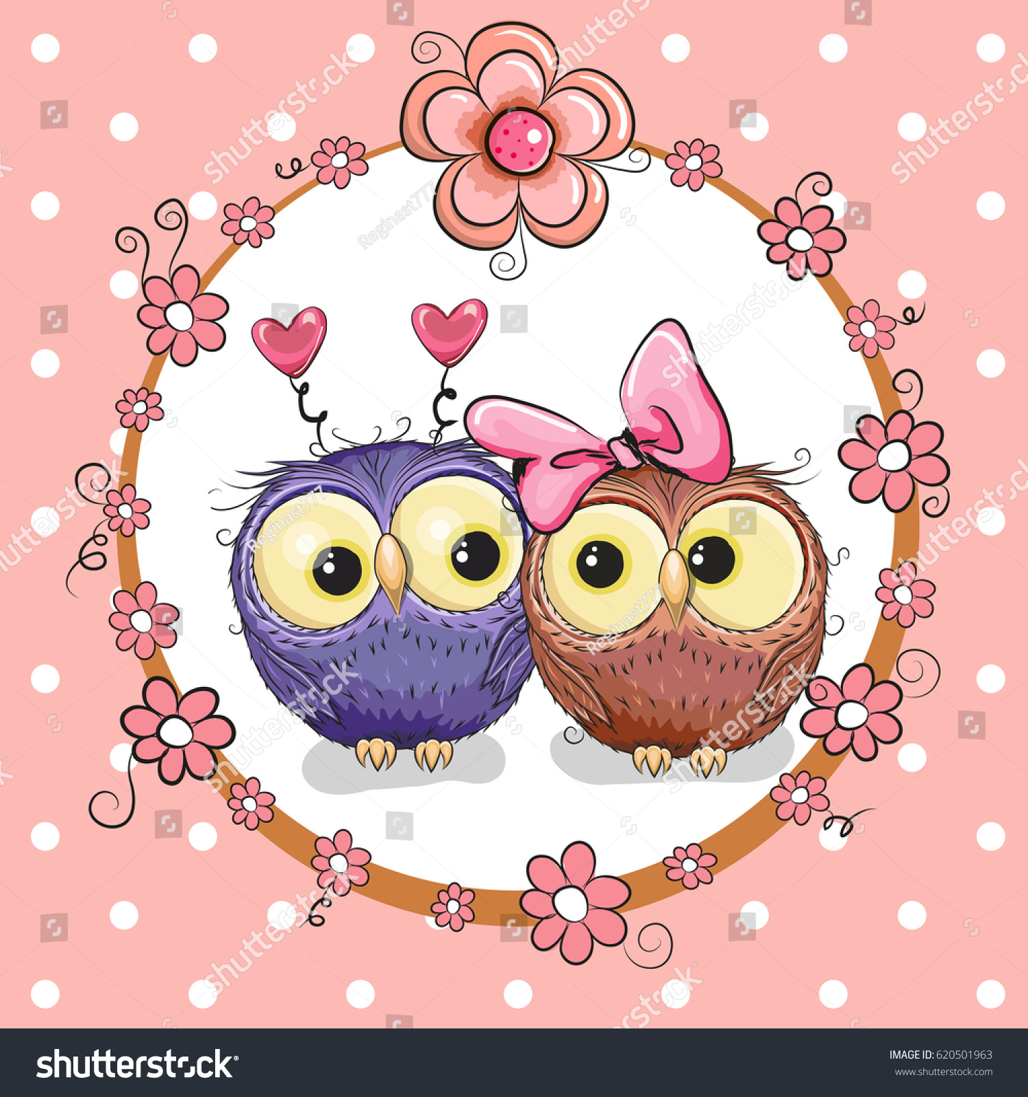 Greeting Card Two Cute Cartoon Owls Stock Vector 620501963